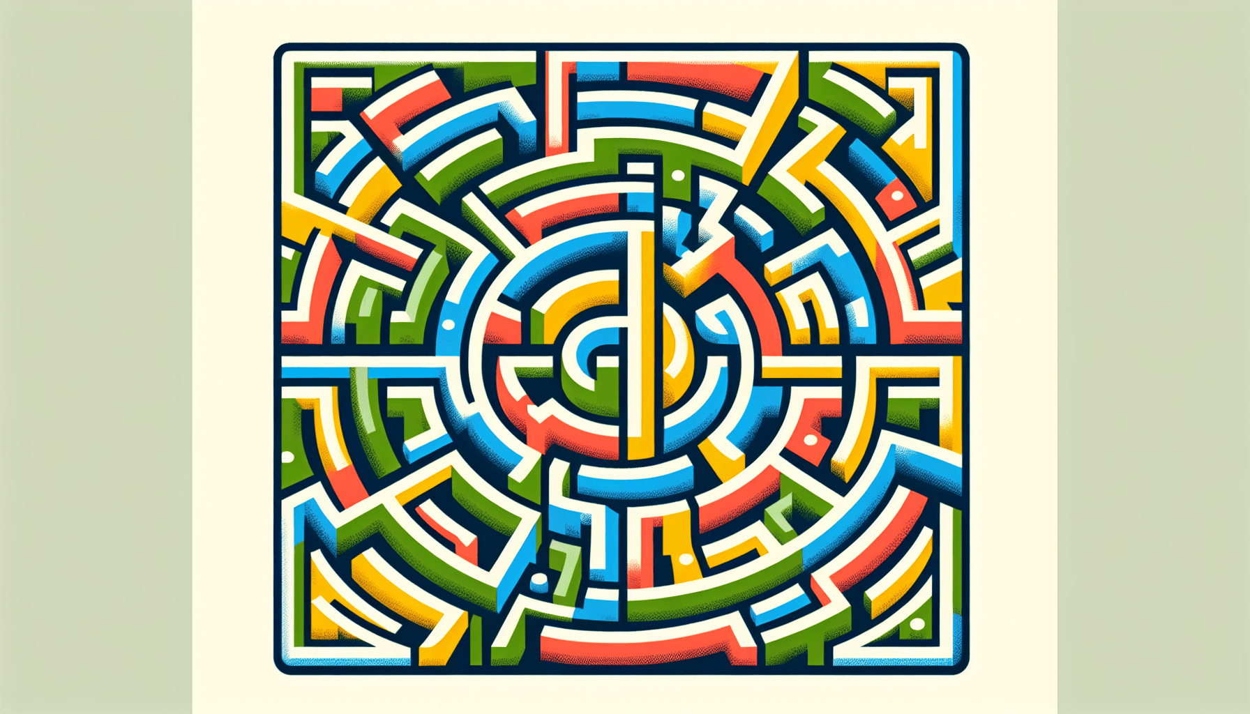 Labyrinth in flat illustration style and white background, red #f47574, green #88c7a8, yellow #fcc44b, and blue #645bc8 colors.