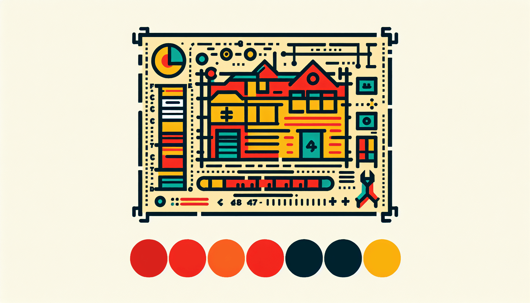 Blueprint in flat illustration style and white background, red #f47574, green #88c7a8, yellow #fcc44b, and blue #645bc8 colors.