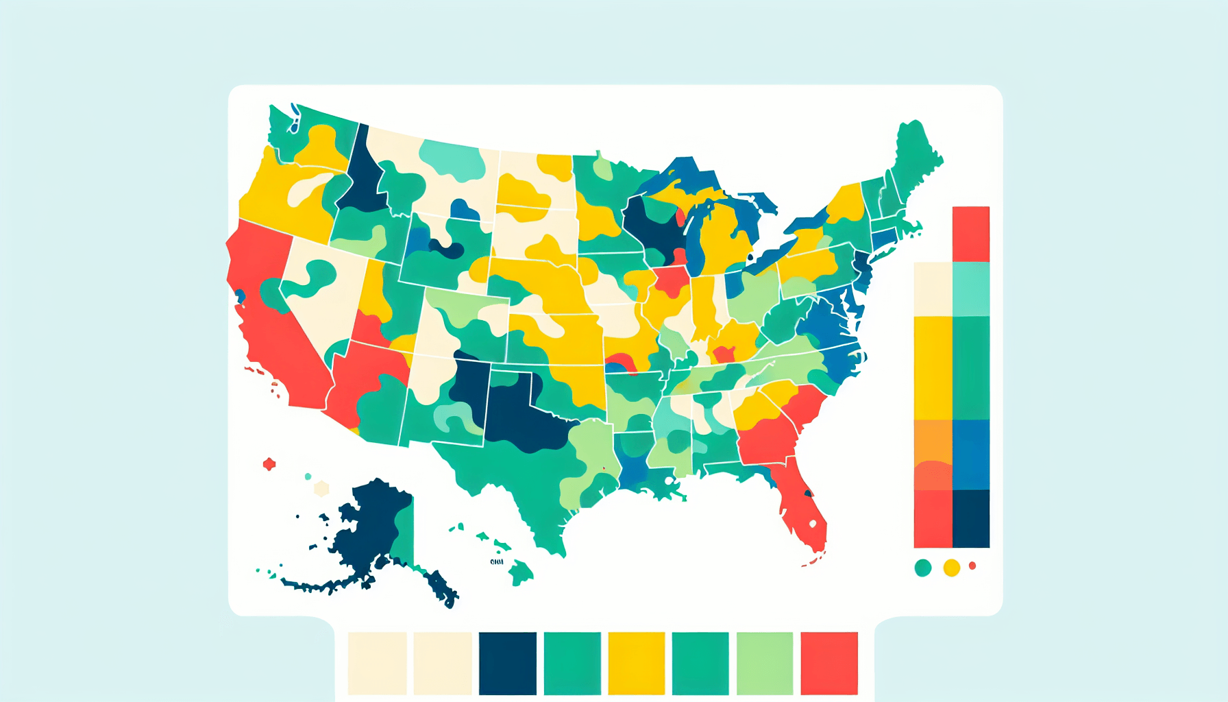Map in flat illustration style and white background, red #f47574, green #88c7a8, yellow #fcc44b, and blue #645bc8 colors.
