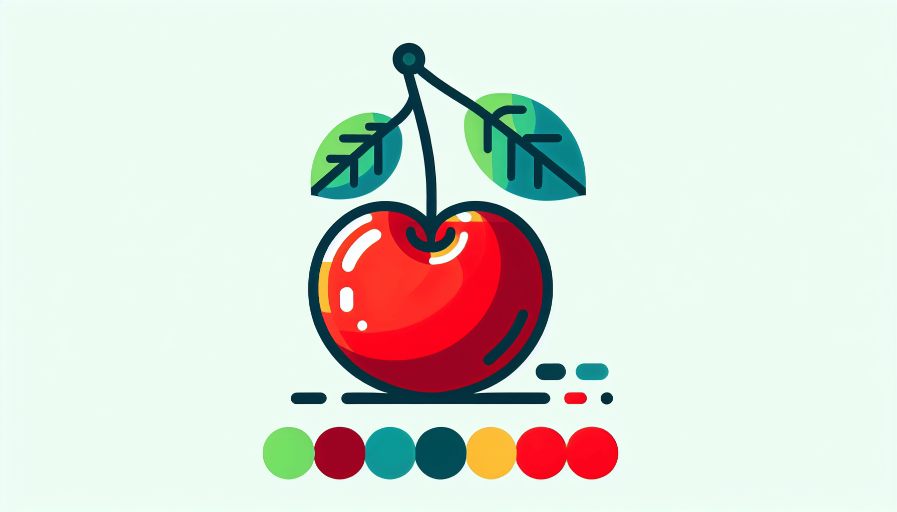 Cherry in flat illustration style and white background, red #f47574, green #88c7a8, yellow #fcc44b, and blue #645bc8 colors.