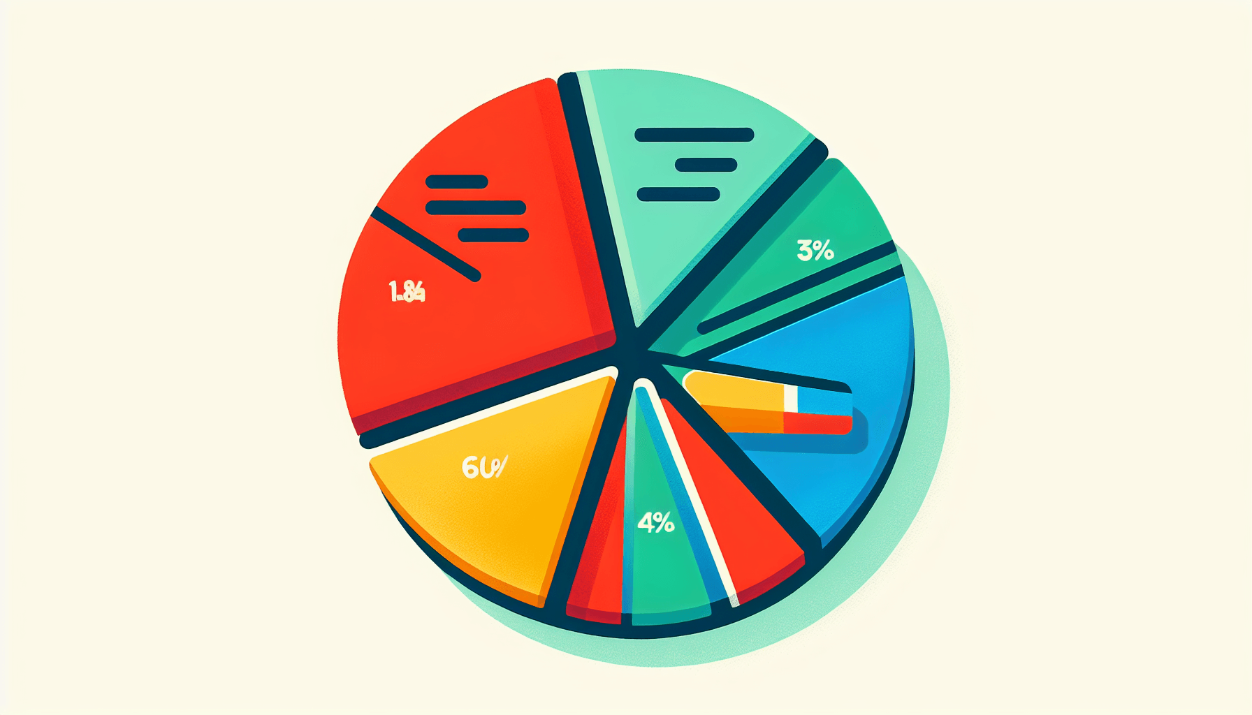 Pie chart in flat illustration style and white background, red #f47574, green #88c7a8, yellow #fcc44b, and blue #645bc8 colors.