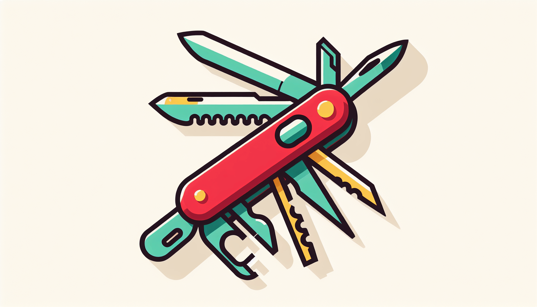 Swiss knife in flat illustration style and white background, red #f47574, green #88c7a8, yellow #fcc44b, and blue #645bc8 colors.
