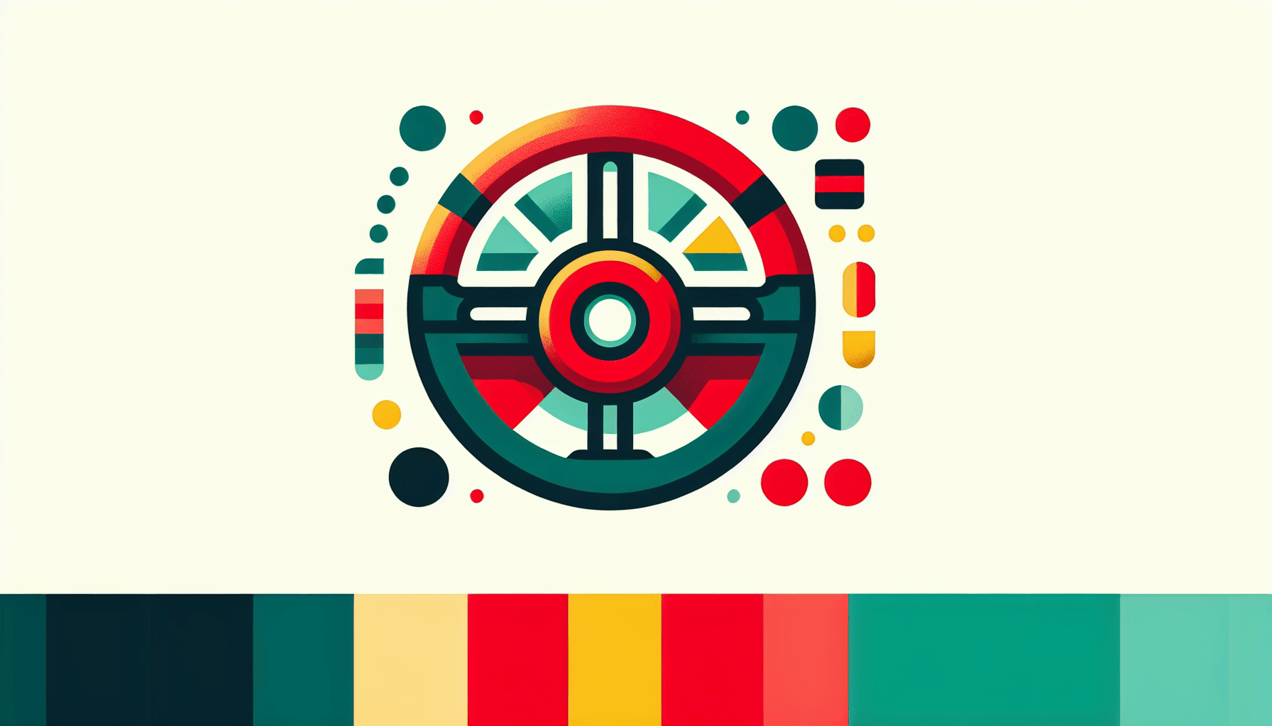 Steering wheel in flat illustration style and white background, red #f47574, green #88c7a8, yellow #fcc44b, and blue #645bc8 colors.