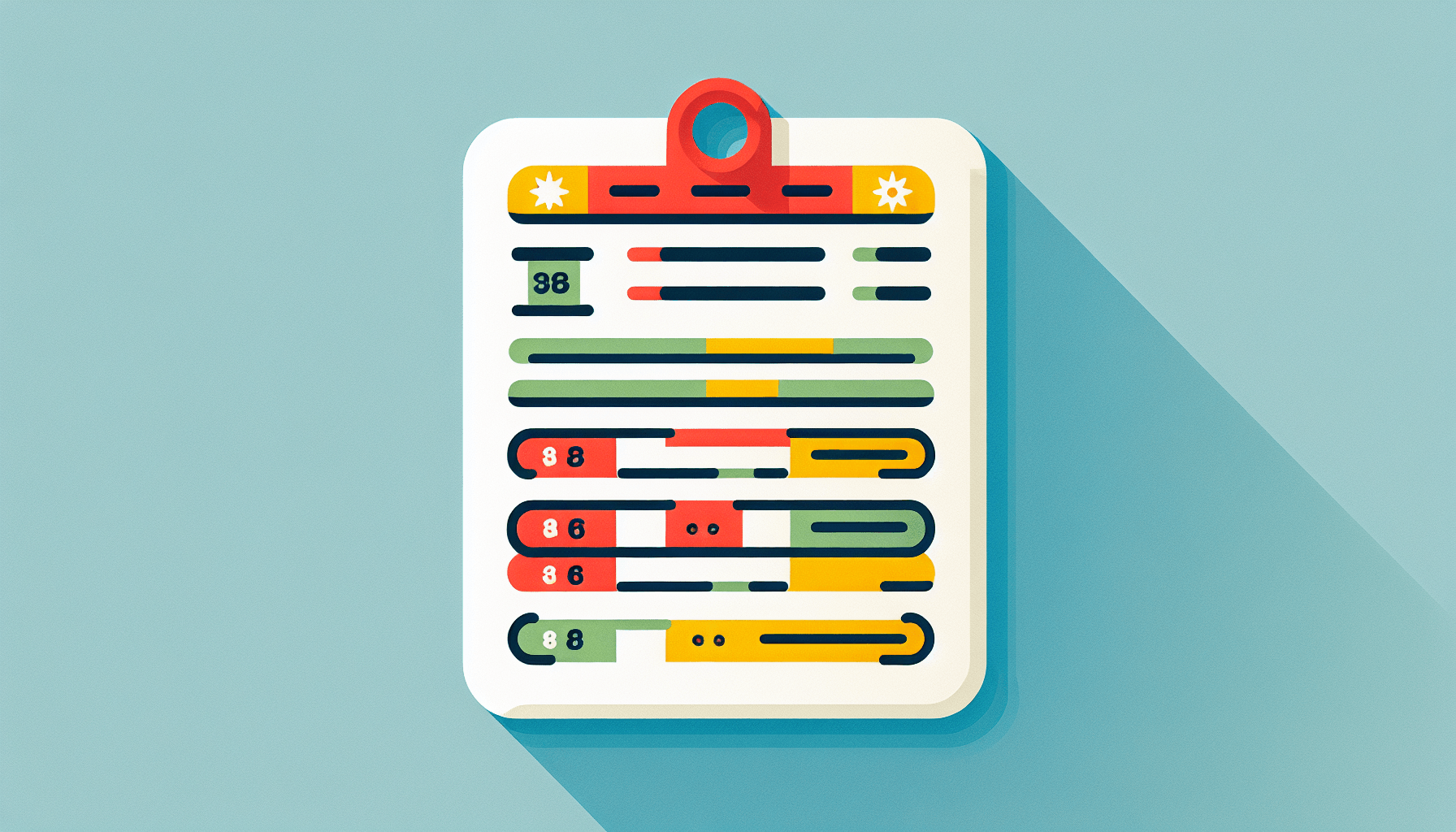 Report card in flat illustration style and white background, red #f47574, green #88c7a8, yellow #fcc44b, and blue #645bc8 colors.