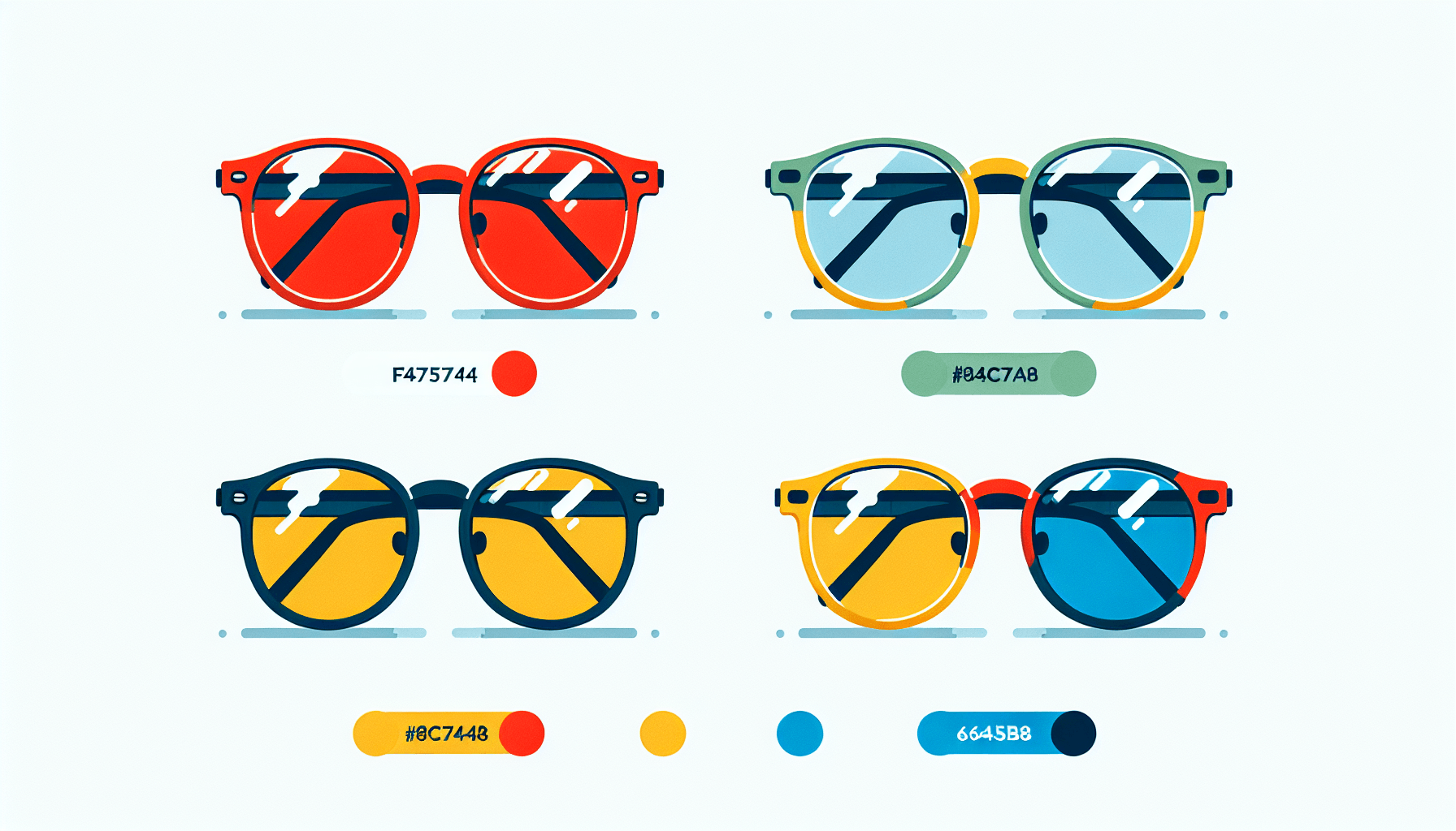 Glasses in flat illustration style and white background, red #f47574, green #88c7a8, yellow #fcc44b, and blue #645bc8 colors.