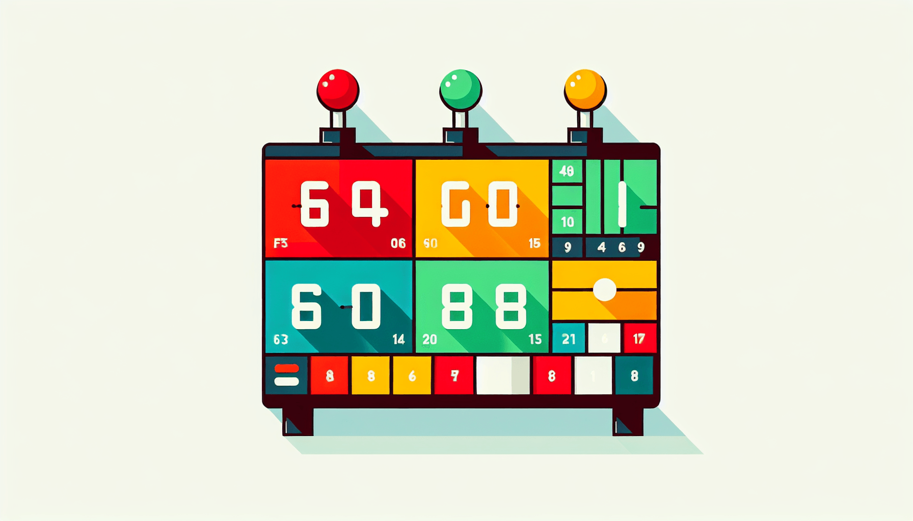 Scoreboard in flat illustration style and white background, red #f47574, green #88c7a8, yellow #fcc44b, and blue #645bc8 colors.