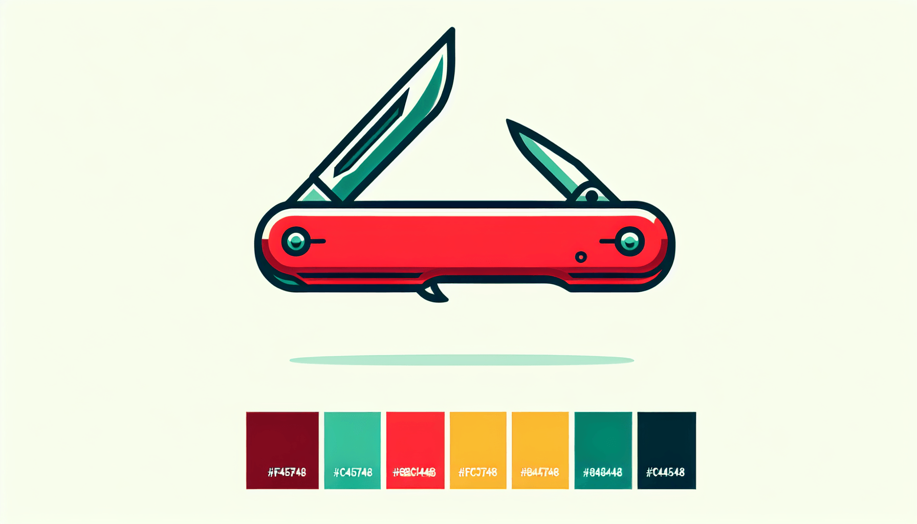 Swiss knife in flat illustration style and white background, red #f47574, green #88c7a8, yellow #fcc44b, and blue #645bc8 colors.