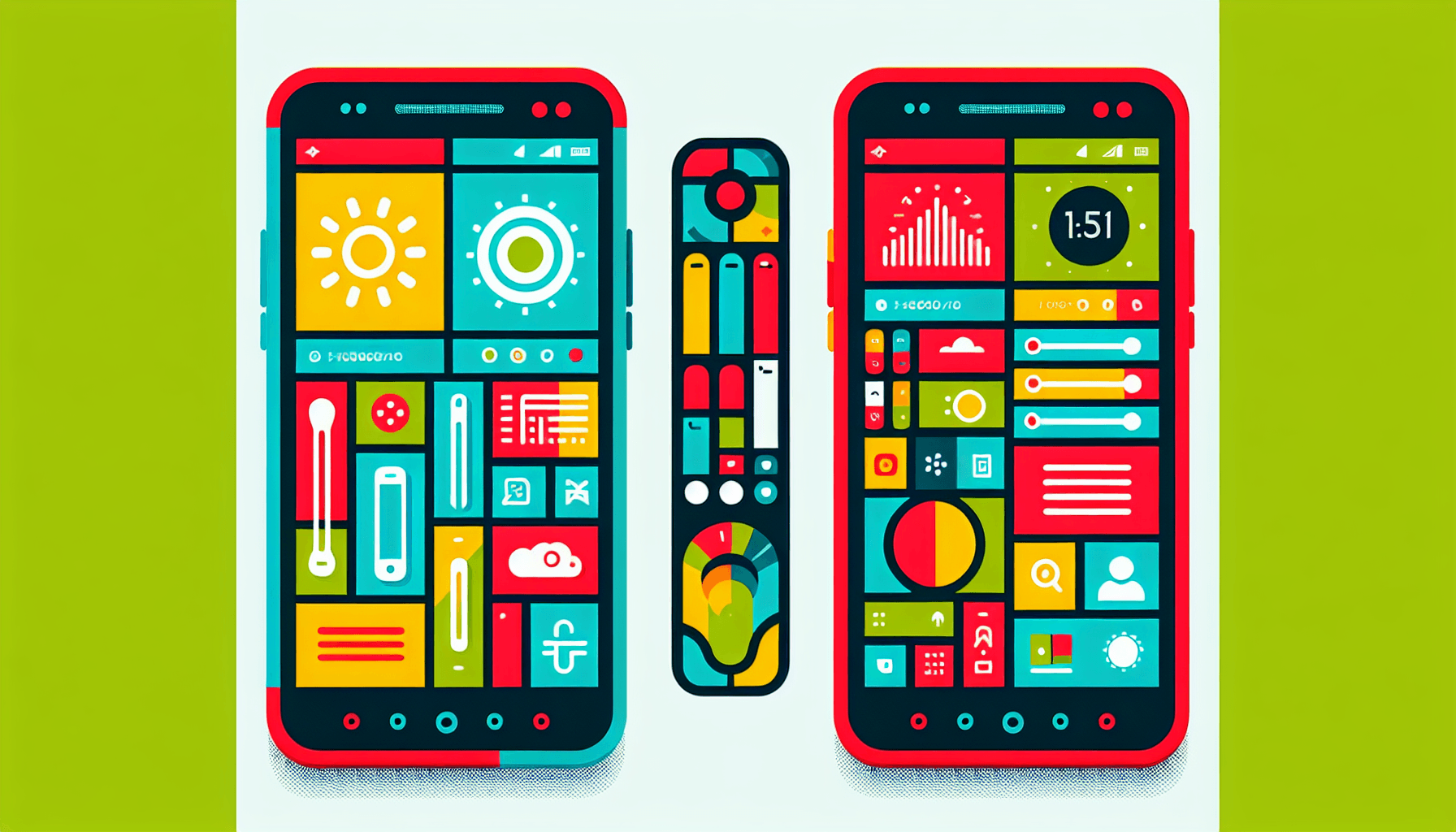 Mobile phone in flat illustration style and white background, red #f47574, green #88c7a8, yellow #fcc44b, and blue #645bc8 colors.