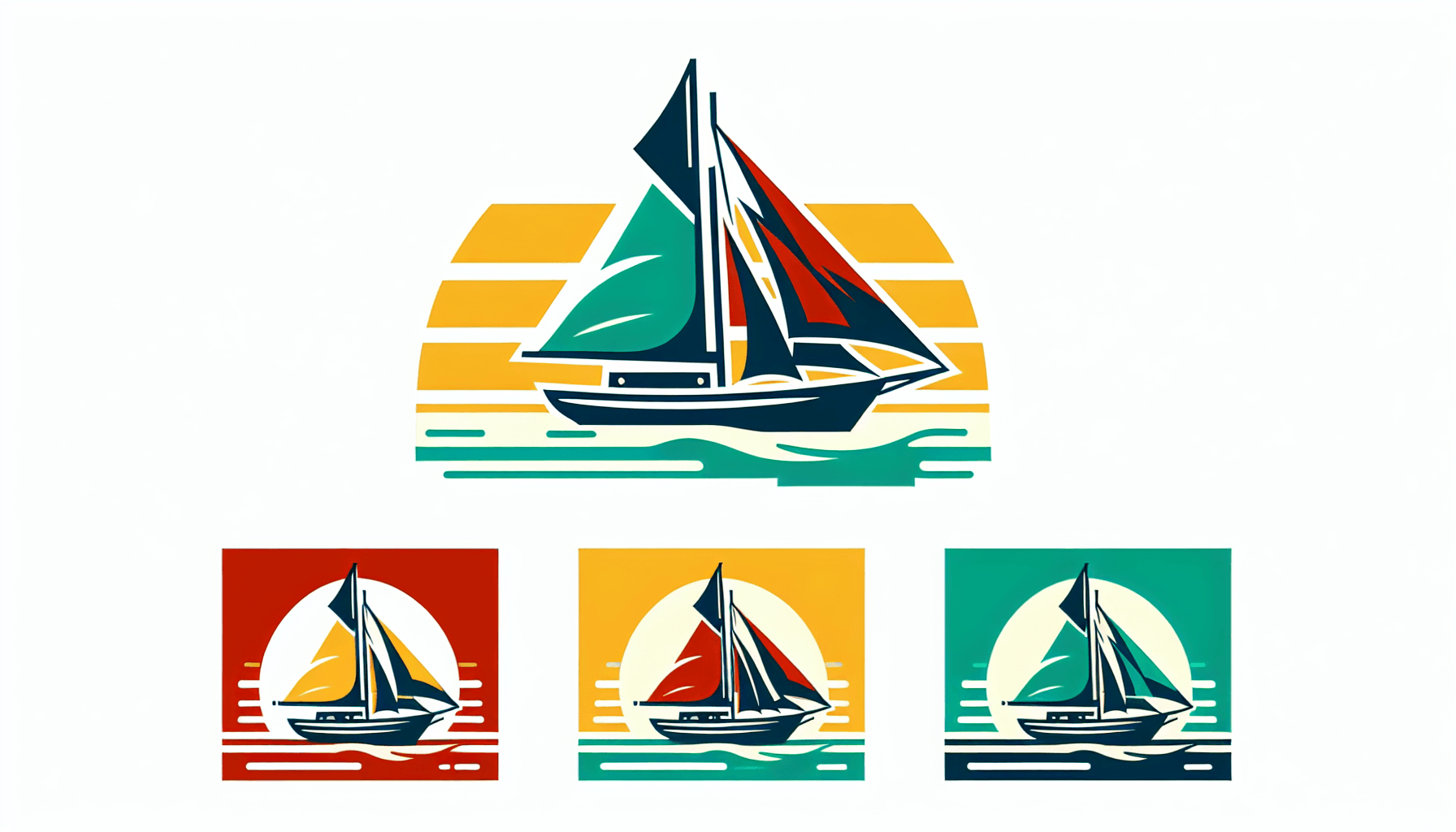 Sailboat in flat illustration style and white background, red #f47574, green #88c7a8, yellow #fcc44b, and blue #645bc8 colors.