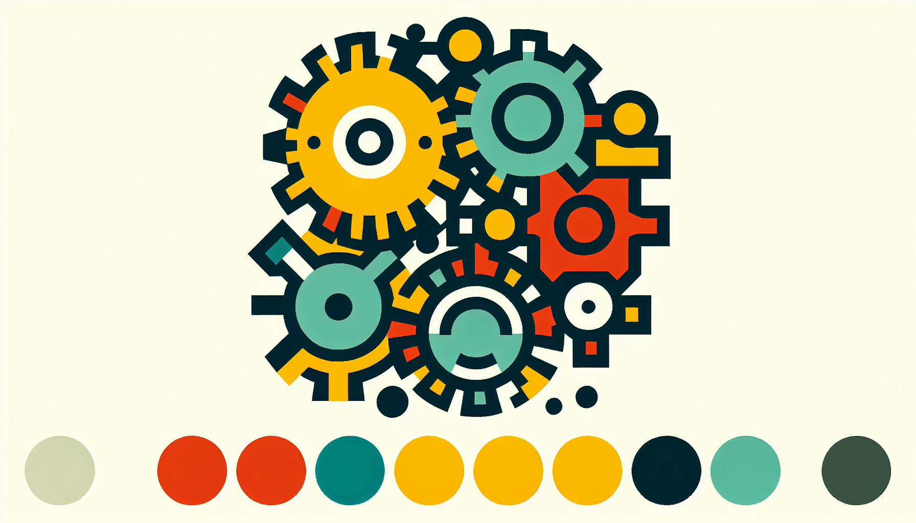Gear in flat illustration style and white background, red #f47574, green #88c7a8, yellow #fcc44b, and blue #645bc8 colors.