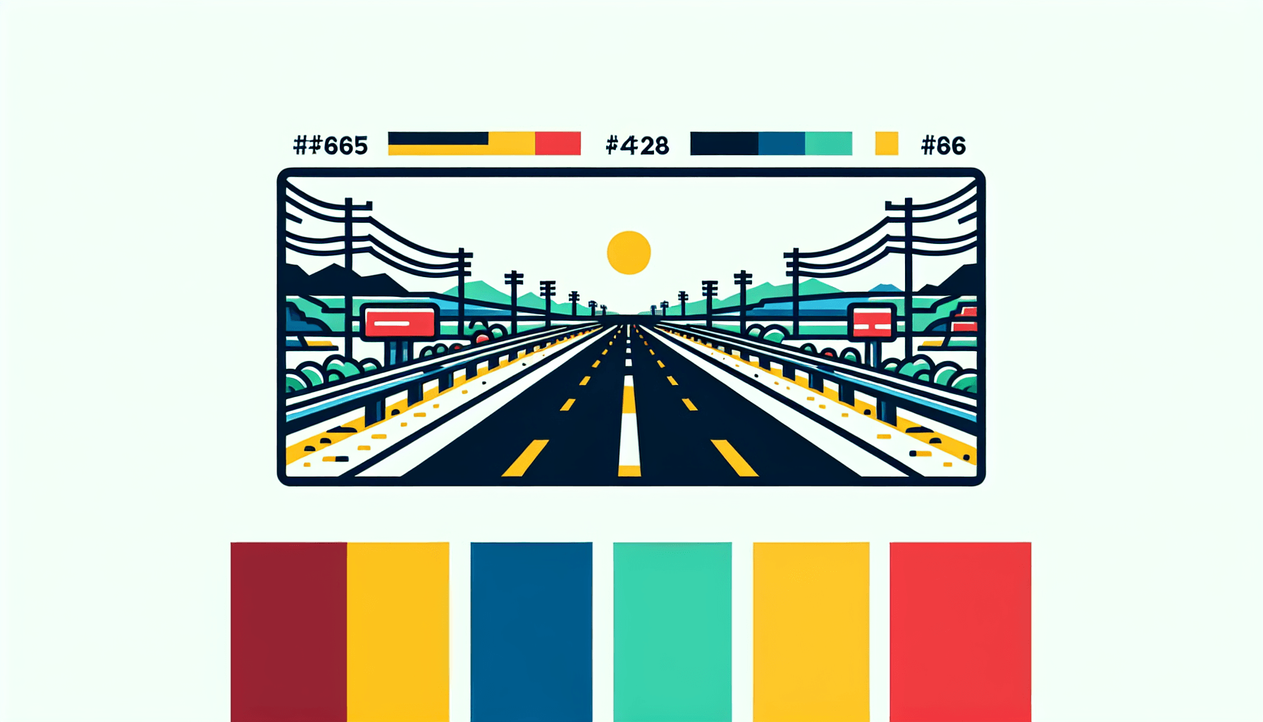 Highway in flat illustration style and white background, red #f47574, green #88c7a8, yellow #fcc44b, and blue #645bc8 colors.