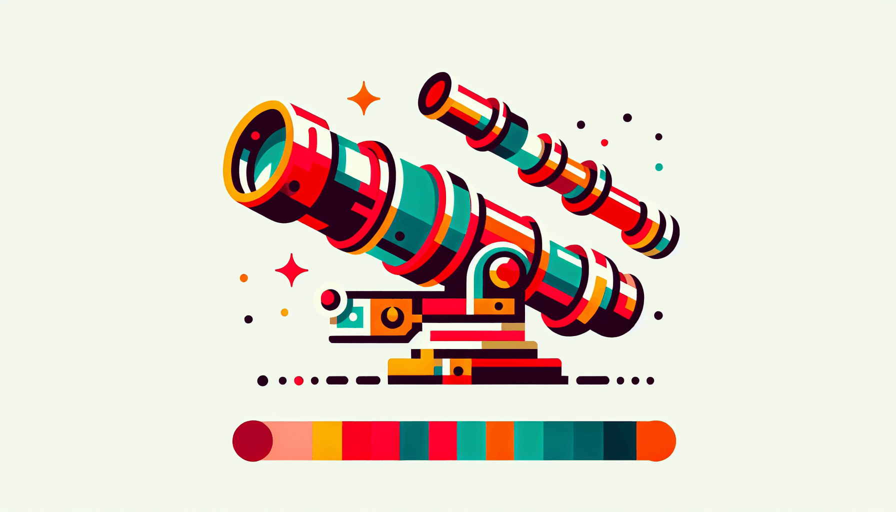 Telescope in flat illustration style and white background, red #f47574, green #88c7a8, yellow #fcc44b, and blue #645bc8 colors.