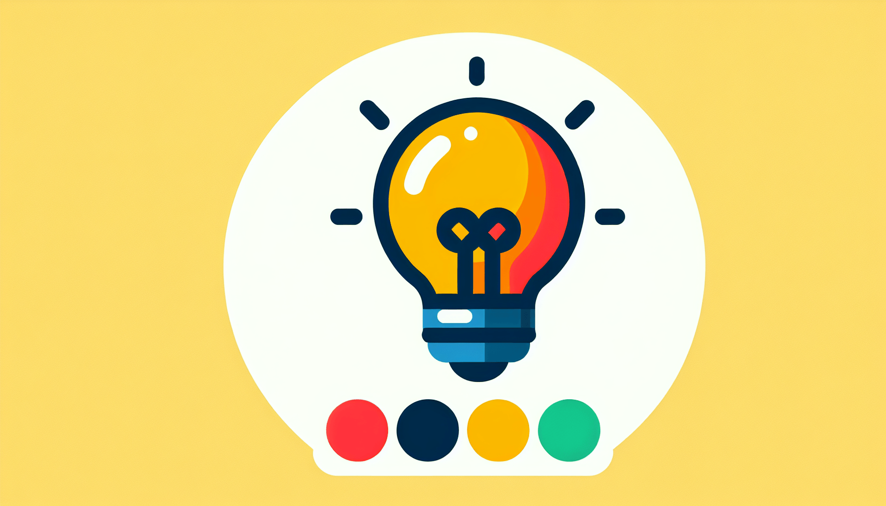 Lightbulb in flat illustration style and white background, red #f47574, green #88c7a8, yellow #fcc44b, and blue #645bc8 colors.