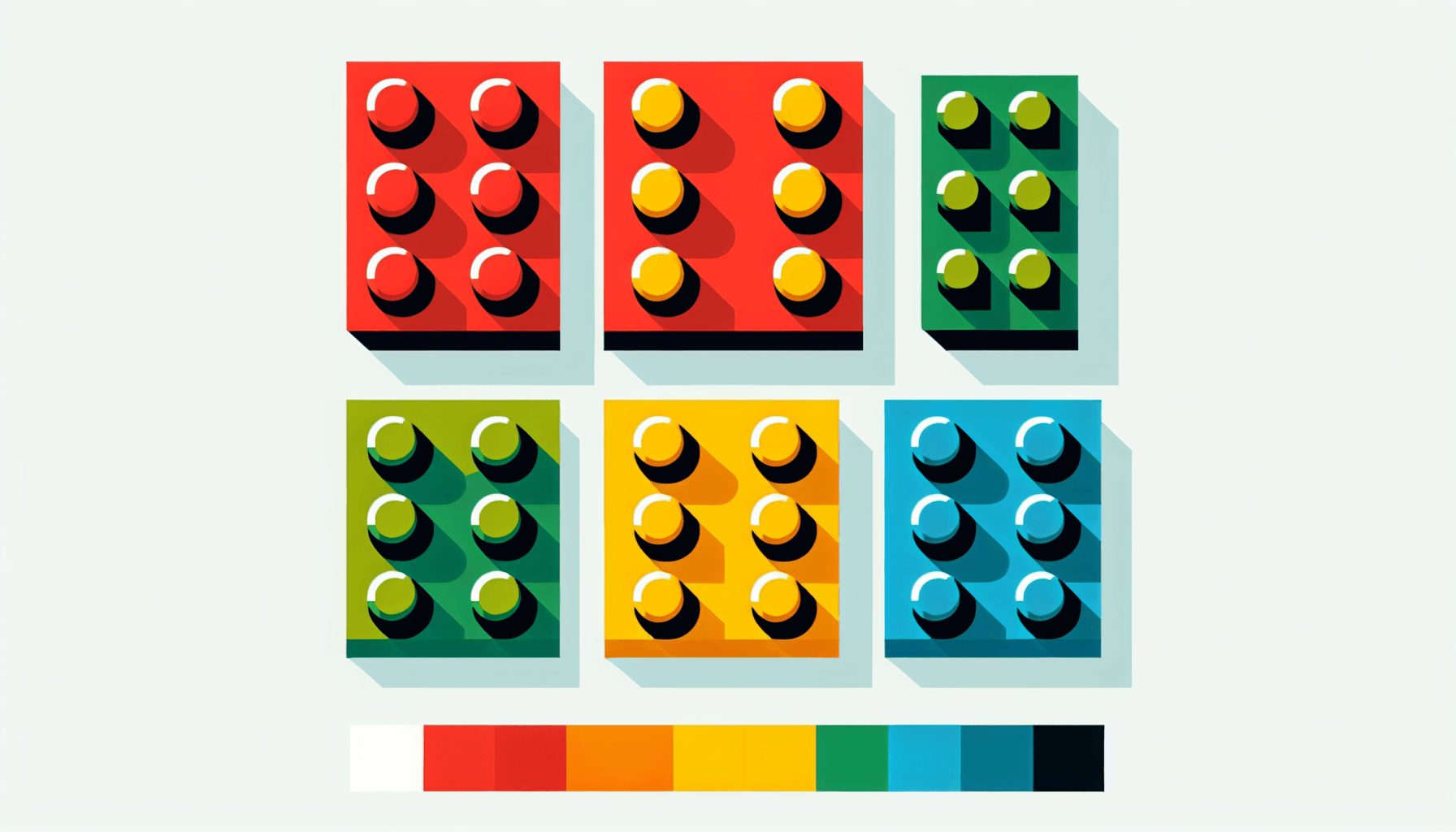 Lego in flat illustration style and white background, red #f47574, green #88c7a8, yellow #fcc44b, and blue #645bc8 colors.