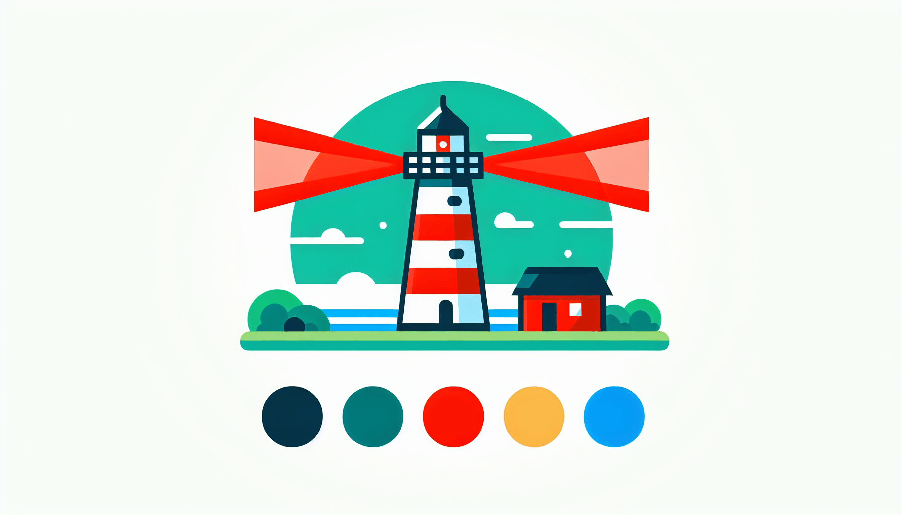 Lighthouse in flat illustration style and white background, red #f47574, green #88c7a8, yellow #fcc44b, and blue #645bc8 colors.