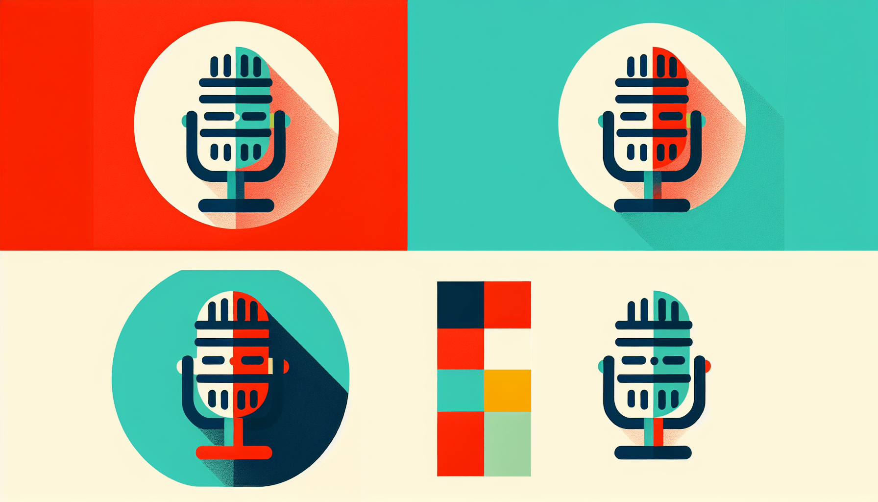 Microphone in flat illustration style and white background, red #f47574, green #88c7a8, yellow #fcc44b, and blue #645bc8 colors.