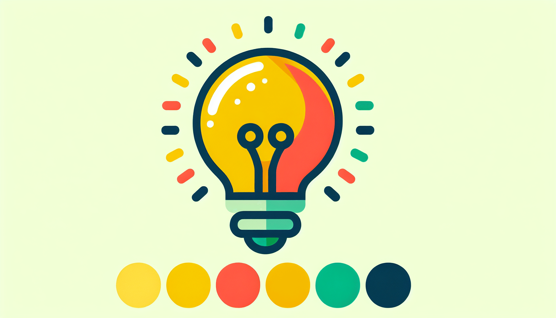 Lightbulb in flat illustration style and white background, red #f47574, green #88c7a8, yellow #fcc44b, and blue #645bc8 colors.