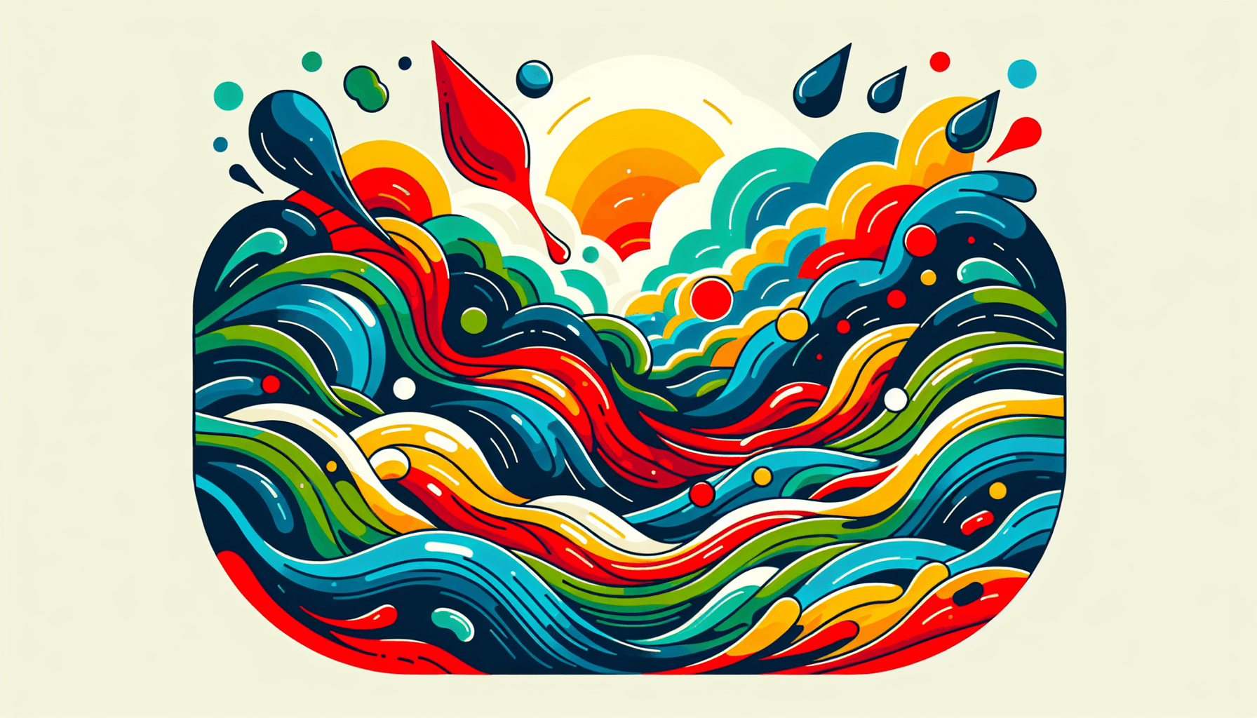 Water in flat illustration style and white background, red #f47574, green #88c7a8, yellow #fcc44b, and blue #645bc8 colors.
