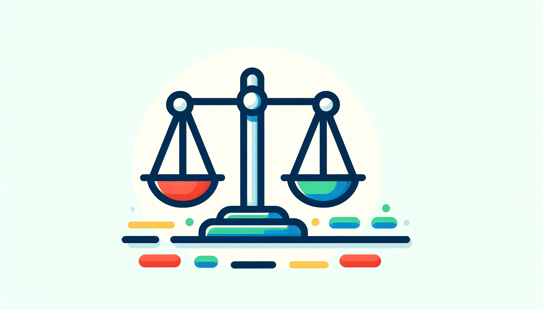 Balance scale in flat illustration style and white background, red #f47574, green #88c7a8, yellow #fcc44b, and blue #645bc8 colors.