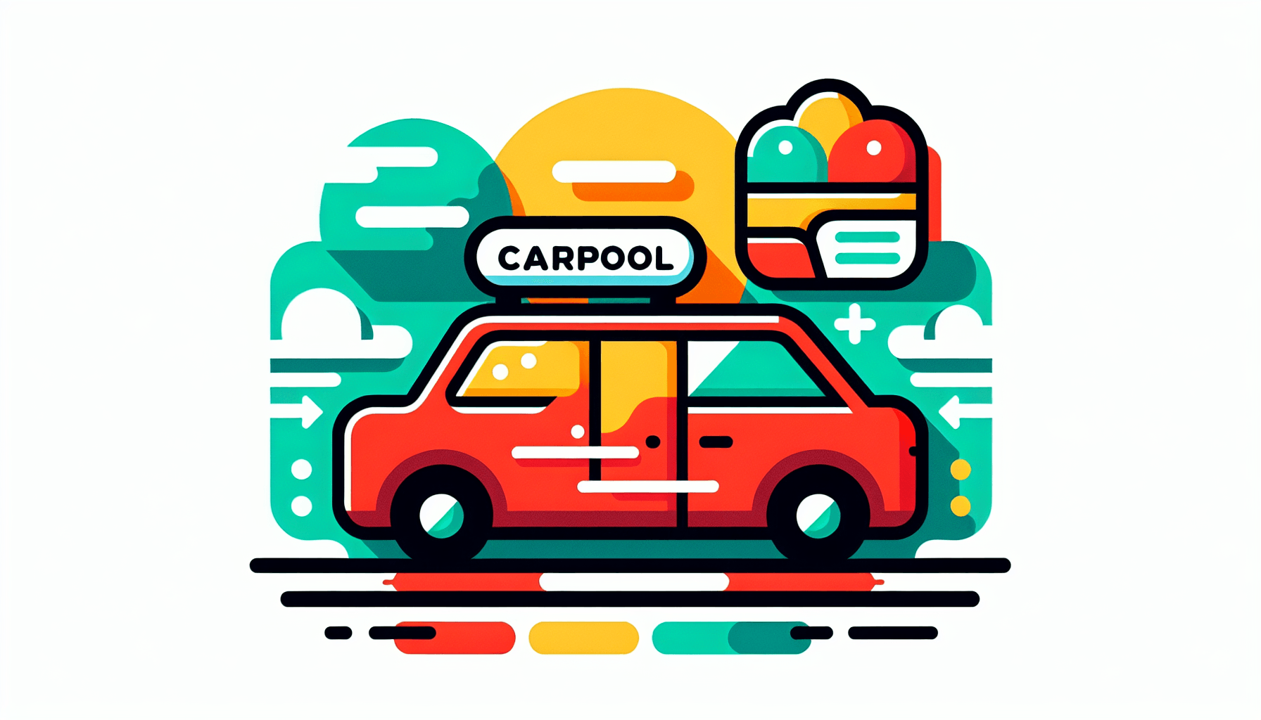 Carpool vehicle in flat illustration style and white background, red #f47574, green #88c7a8, yellow #fcc44b, and blue #645bc8 colors.