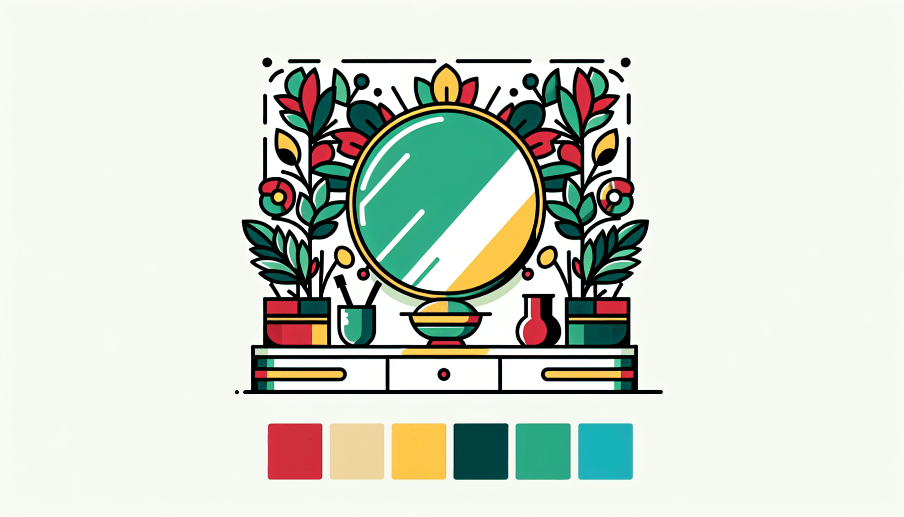 Mirror in flat illustration style and white background, red #f47574, green #88c7a8, yellow #fcc44b, and blue #645bc8 colors.