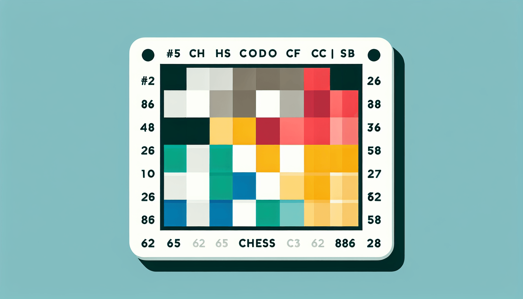 Chessboard in flat illustration style and white background, red #f47574, green #88c7a8, yellow #fcc44b, and blue #645bc8 colors.