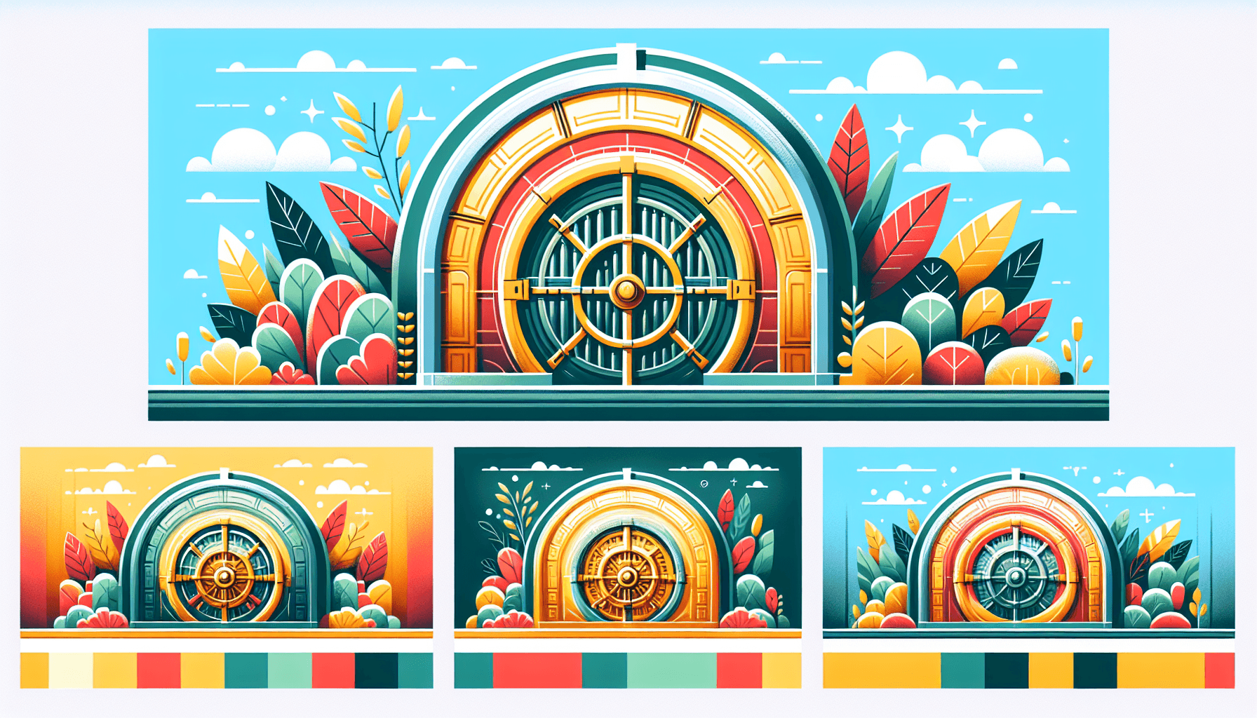 Vault in flat illustration style and white background, red #f47574, green #88c7a8, yellow #fcc44b, and blue #645bc8 colors.