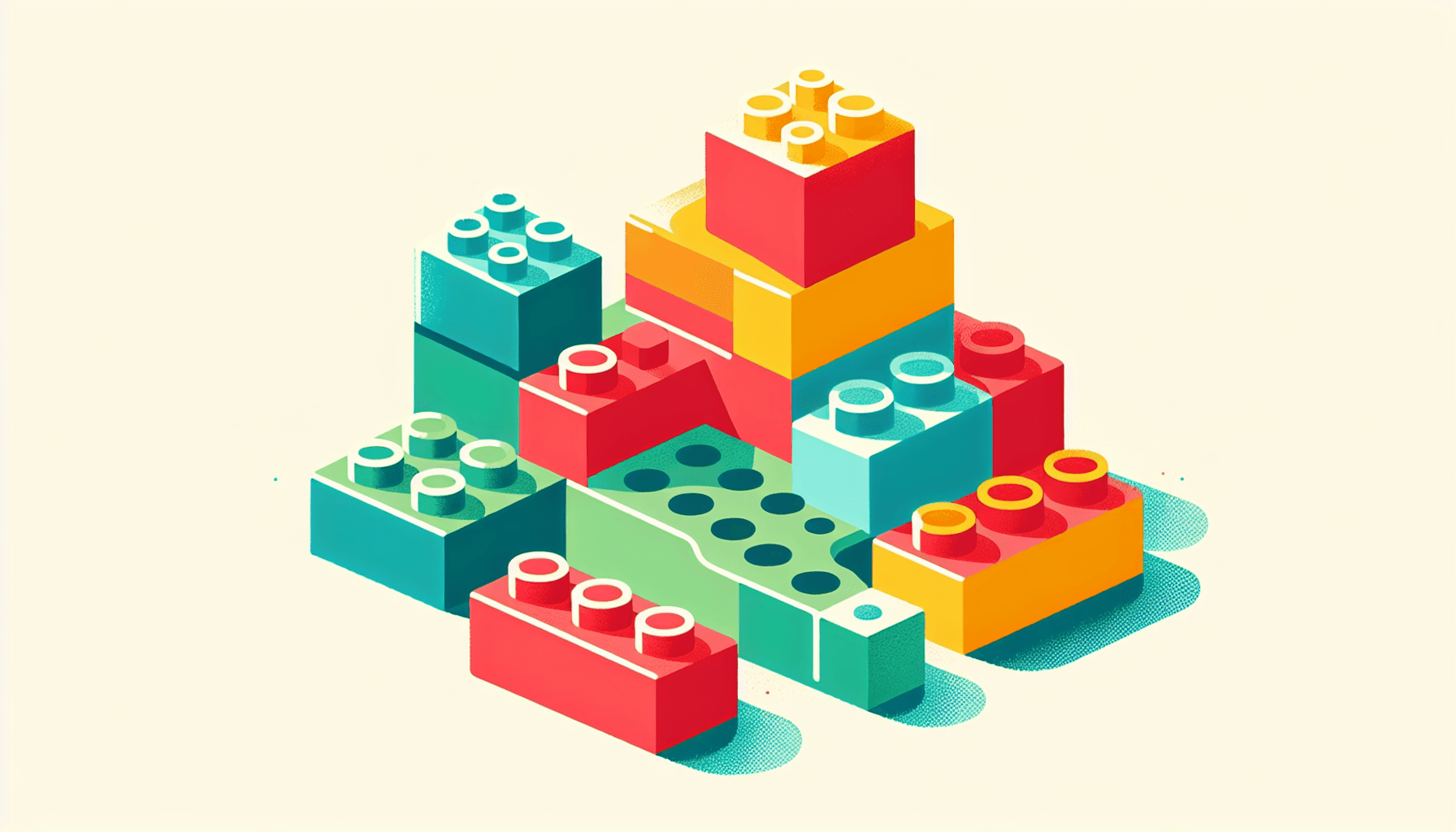 Lego set in flat illustration style and white background, red #f47574, green #88c7a8, yellow #fcc44b, and blue #645bc8 colors.