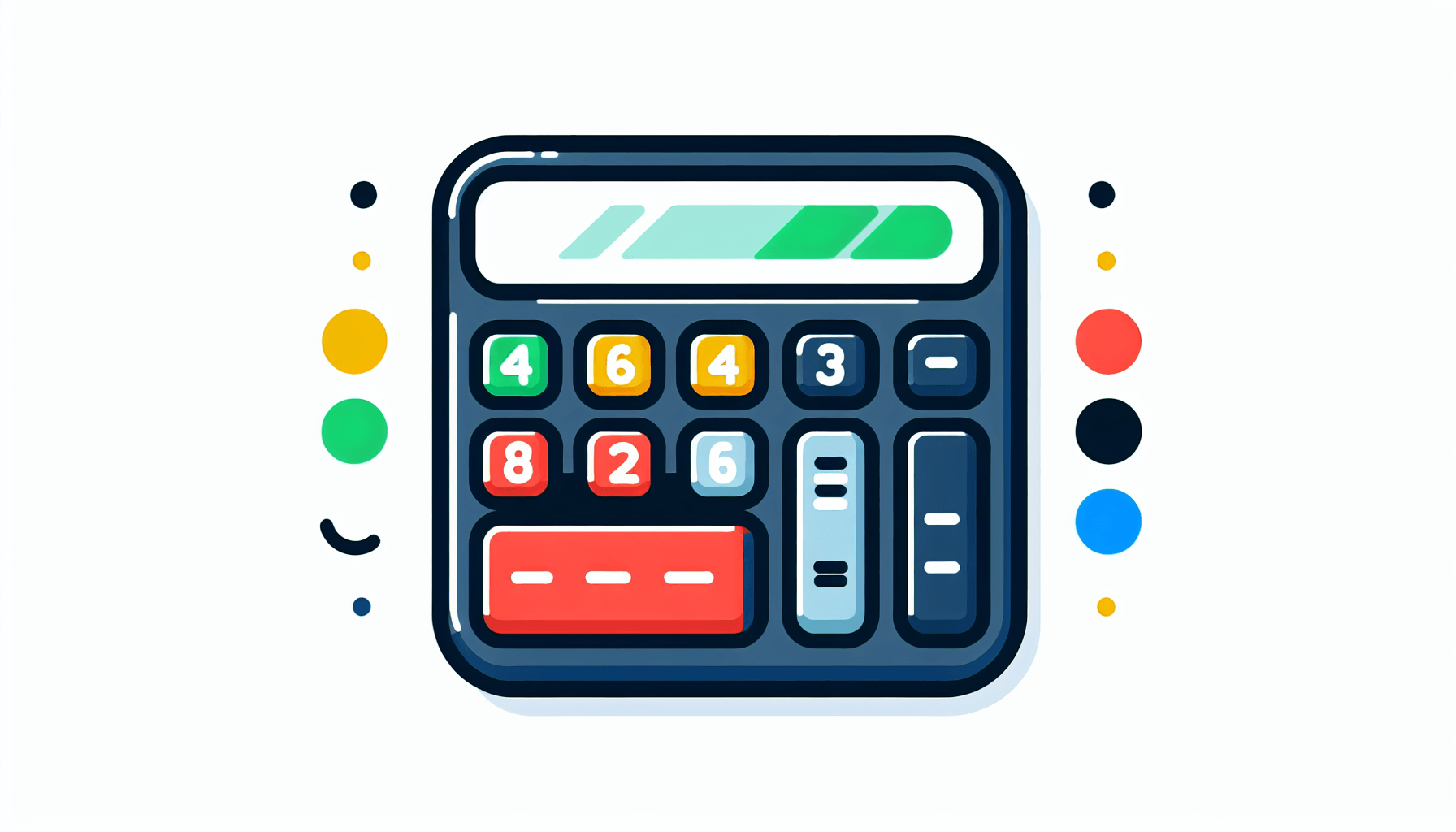 Calculator in flat illustration style and white background, red #f47574, green #88c7a8, yellow #fcc44b, and blue #645bc8 colors.