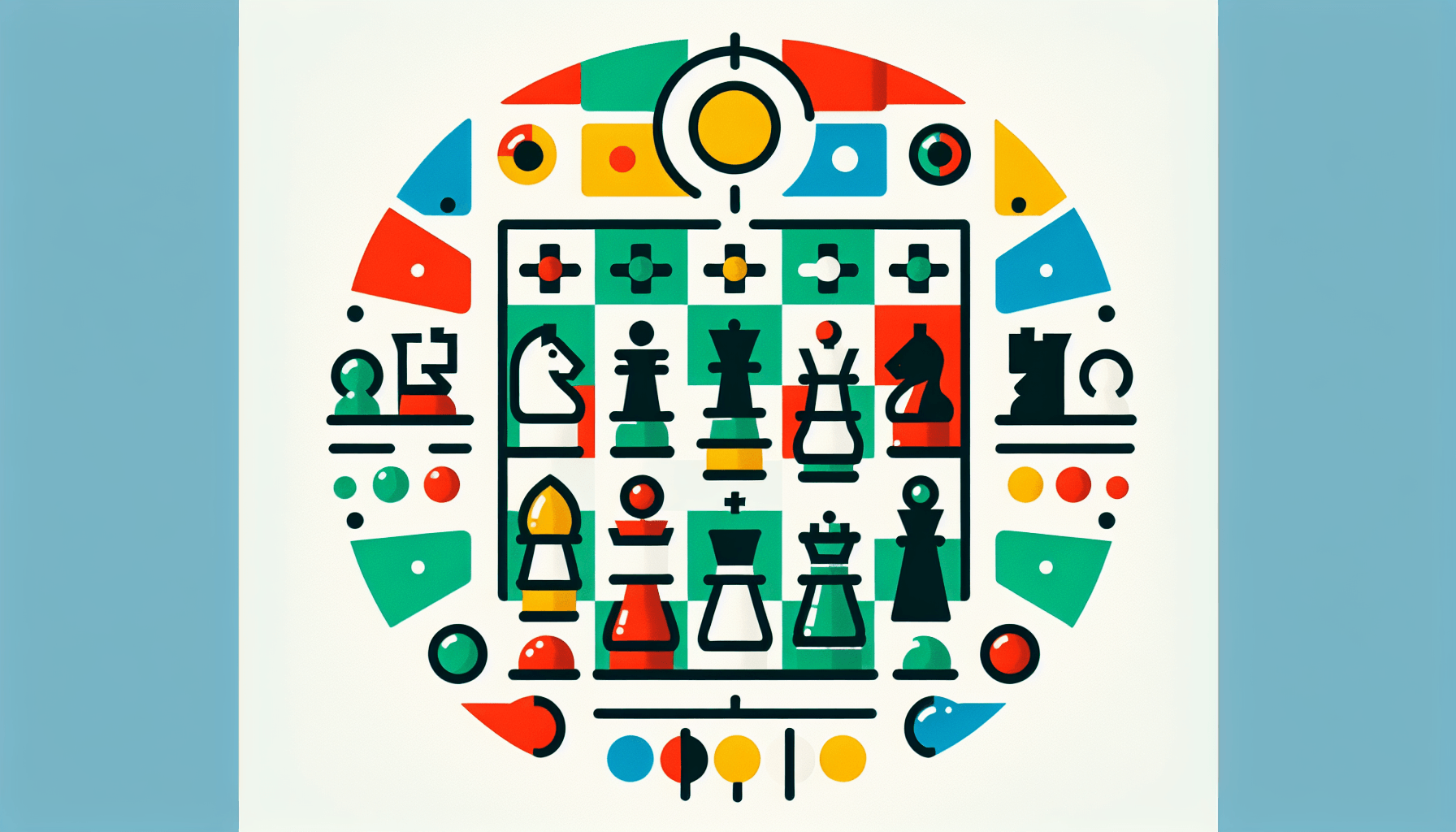 Chessboard in flat illustration style and white background, red #f47574, green #88c7a8, yellow #fcc44b, and blue #645bc8 colors.