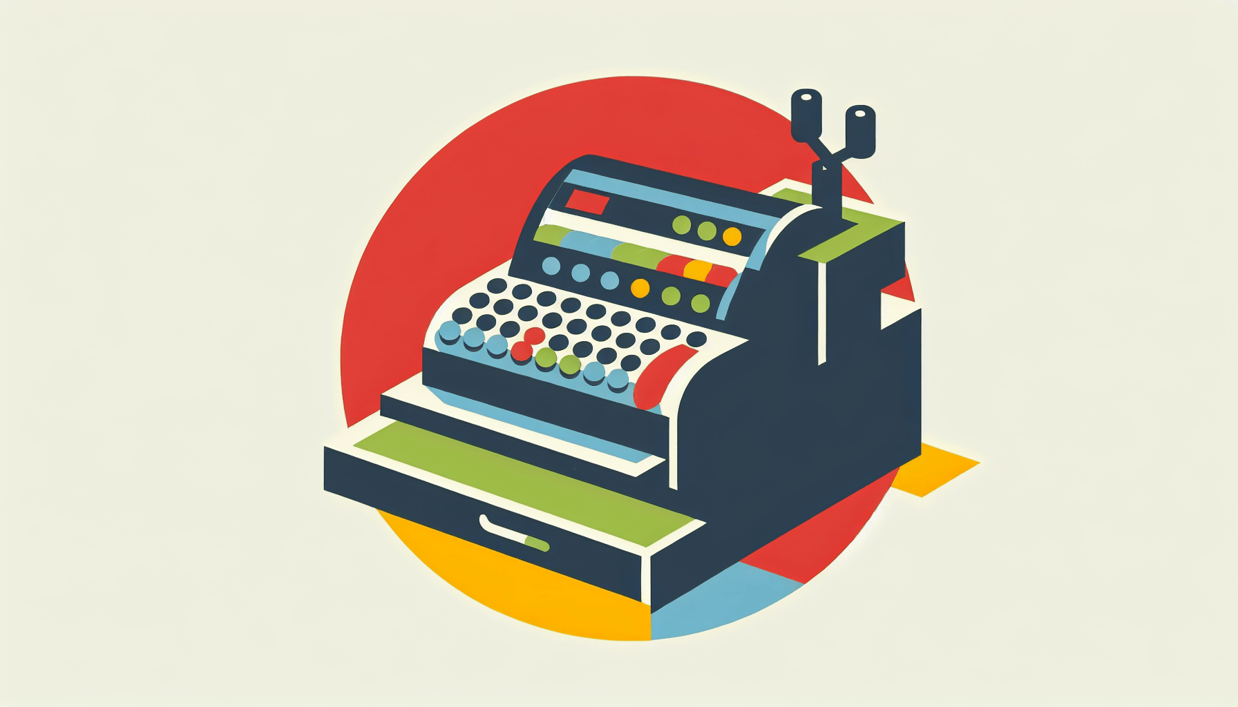 Cash register in flat illustration style and white background, red #f47574, green #88c7a8, yellow #fcc44b, and blue #645bc8 colors.