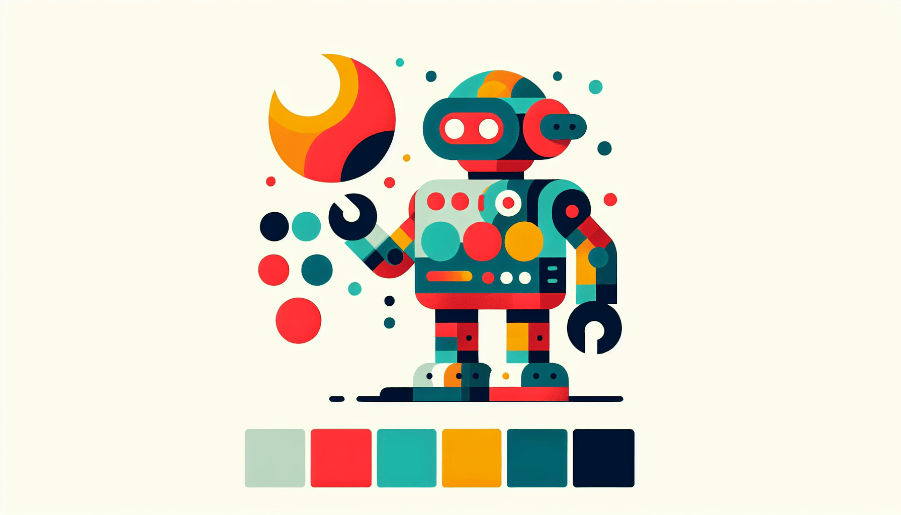 Robot in flat illustration style and white background, red #f47574, green #88c7a8, yellow #fcc44b, and blue #645bc8 colors.