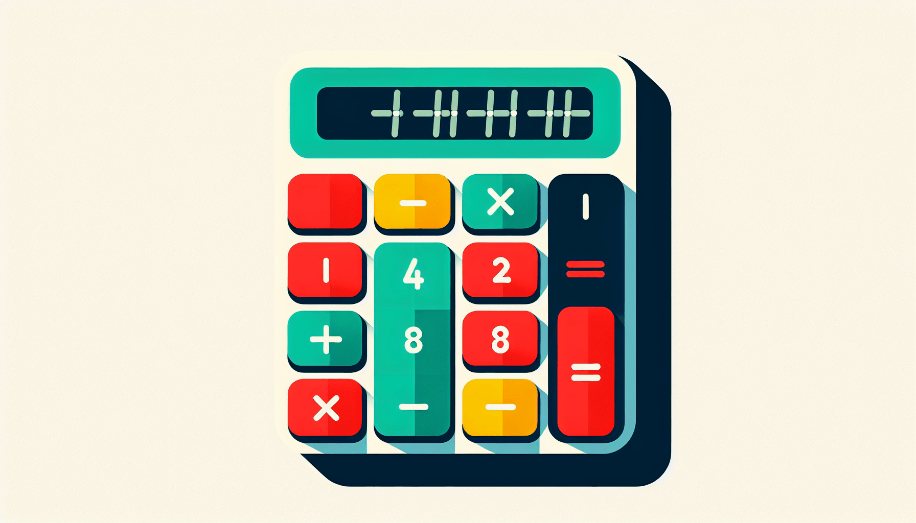 Calculator in flat illustration style and white background, red #f47574, green #88c7a8, yellow #fcc44b, and blue #645bc8 colors.