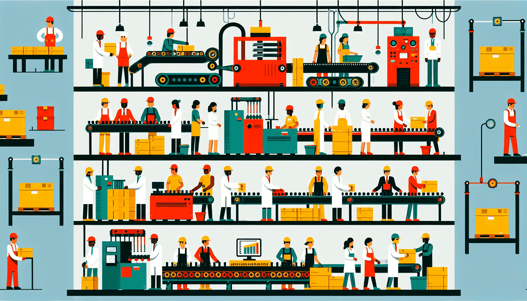Assembly line in flat illustration style and white background, red #f47574, green #88c7a8, yellow #fcc44b, and blue #645bc8 colors.
