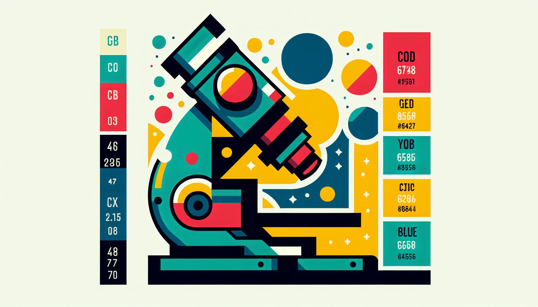 Microscope in flat illustration style and white background, red #f47574, green #88c7a8, yellow #fcc44b, and blue #645bc8 colors.
