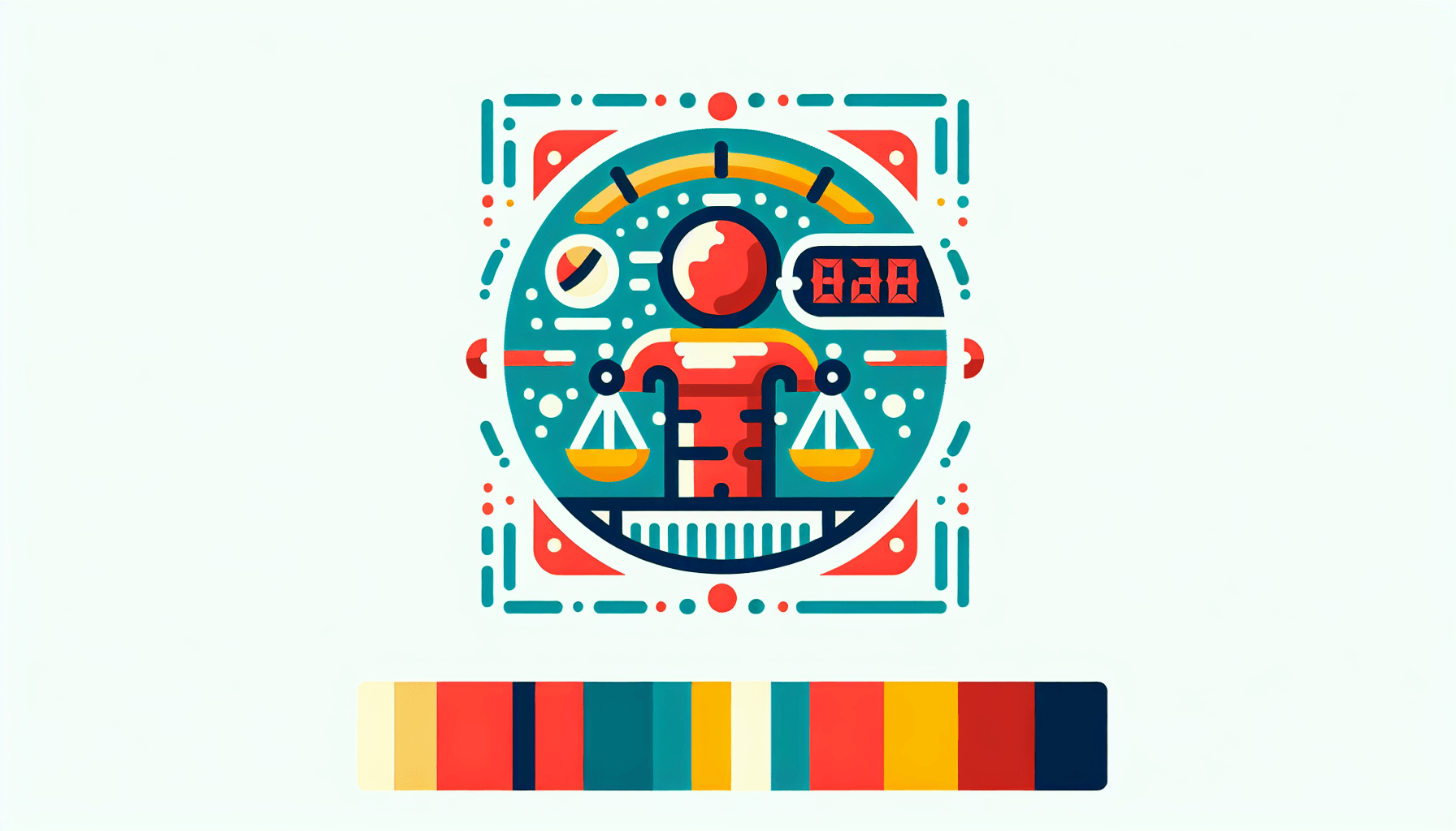 Scale in flat illustration style and white background, red #f47574, green #88c7a8, yellow #fcc44b, and blue #645bc8 colors.