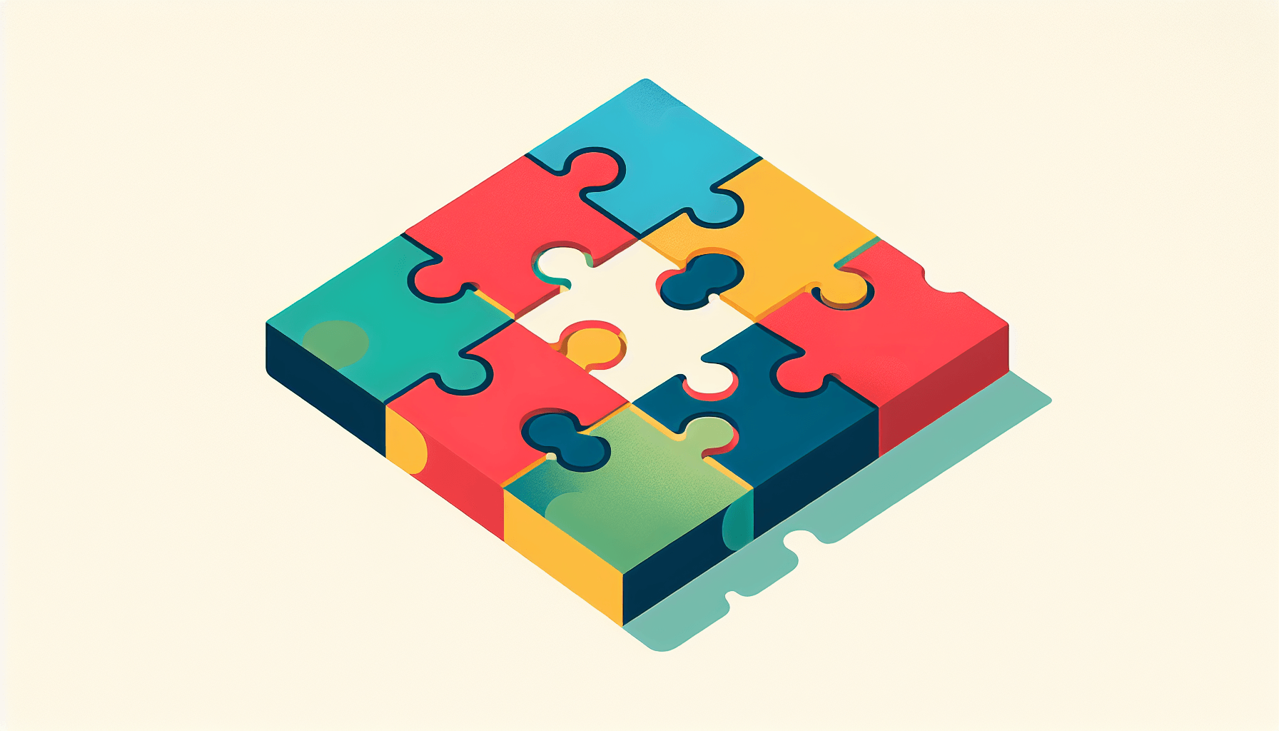 Jigsaw puzzle in flat illustration style and white background, red #f47574, green #88c7a8, yellow #fcc44b, and blue #645bc8 colors.