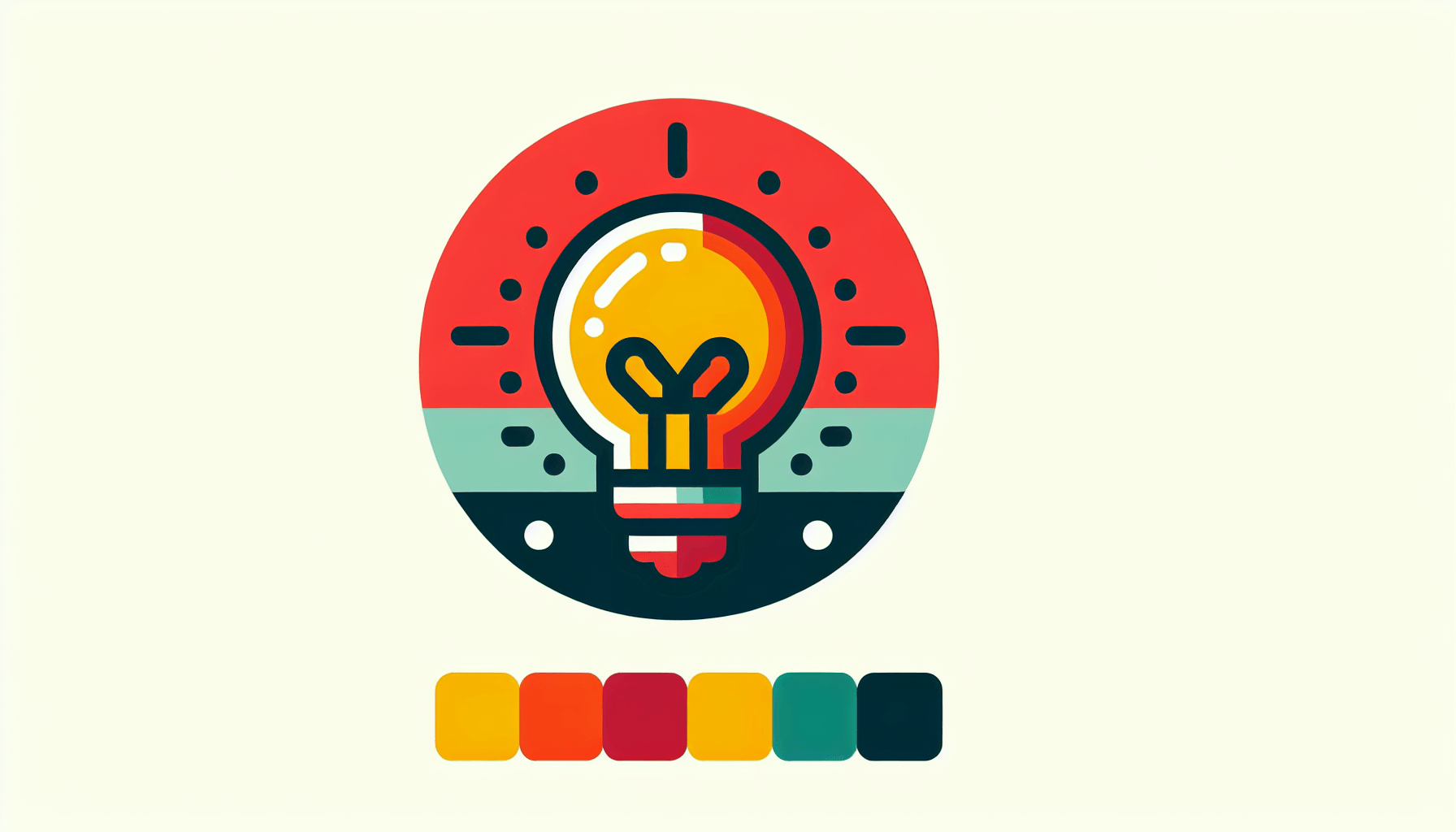 Lightbulb in flat illustration style and white background, red #f47574, green #88c7a8, yellow #fcc44b, and blue #645bc8 colors.