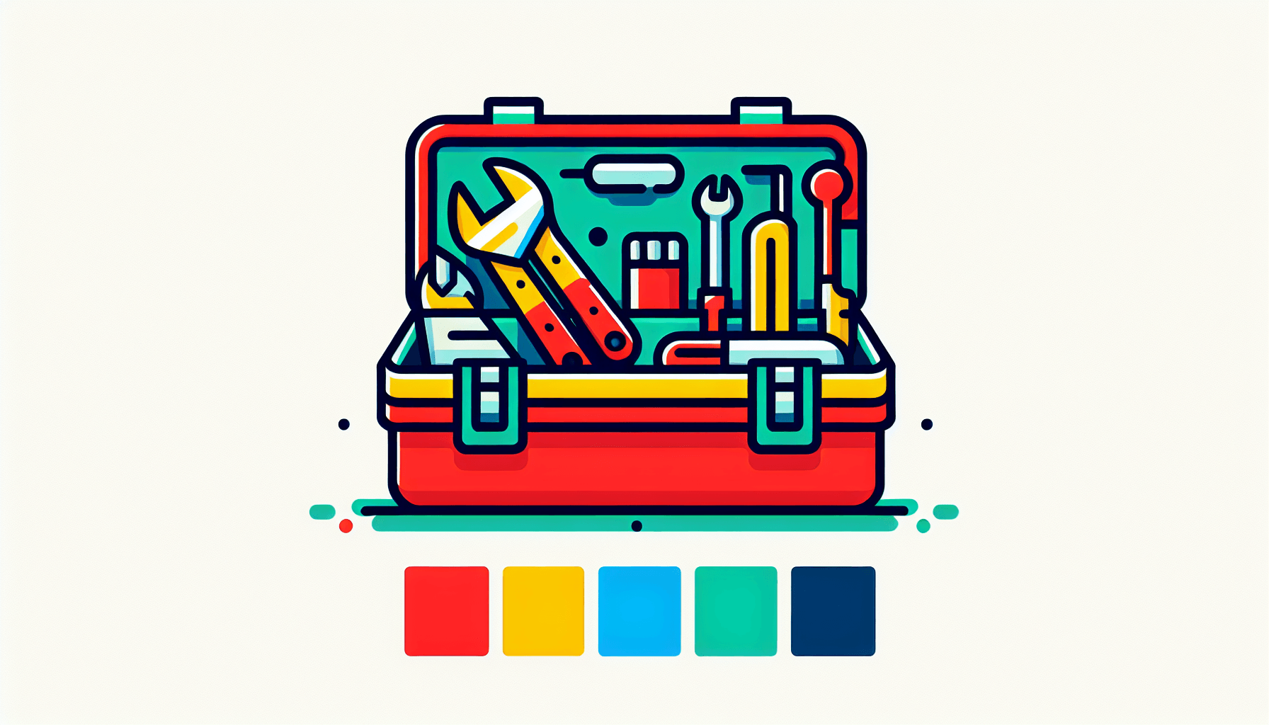 Toolbox in flat illustration style and white background, red #f47574, green #88c7a8, yellow #fcc44b, and blue #645bc8 colors.