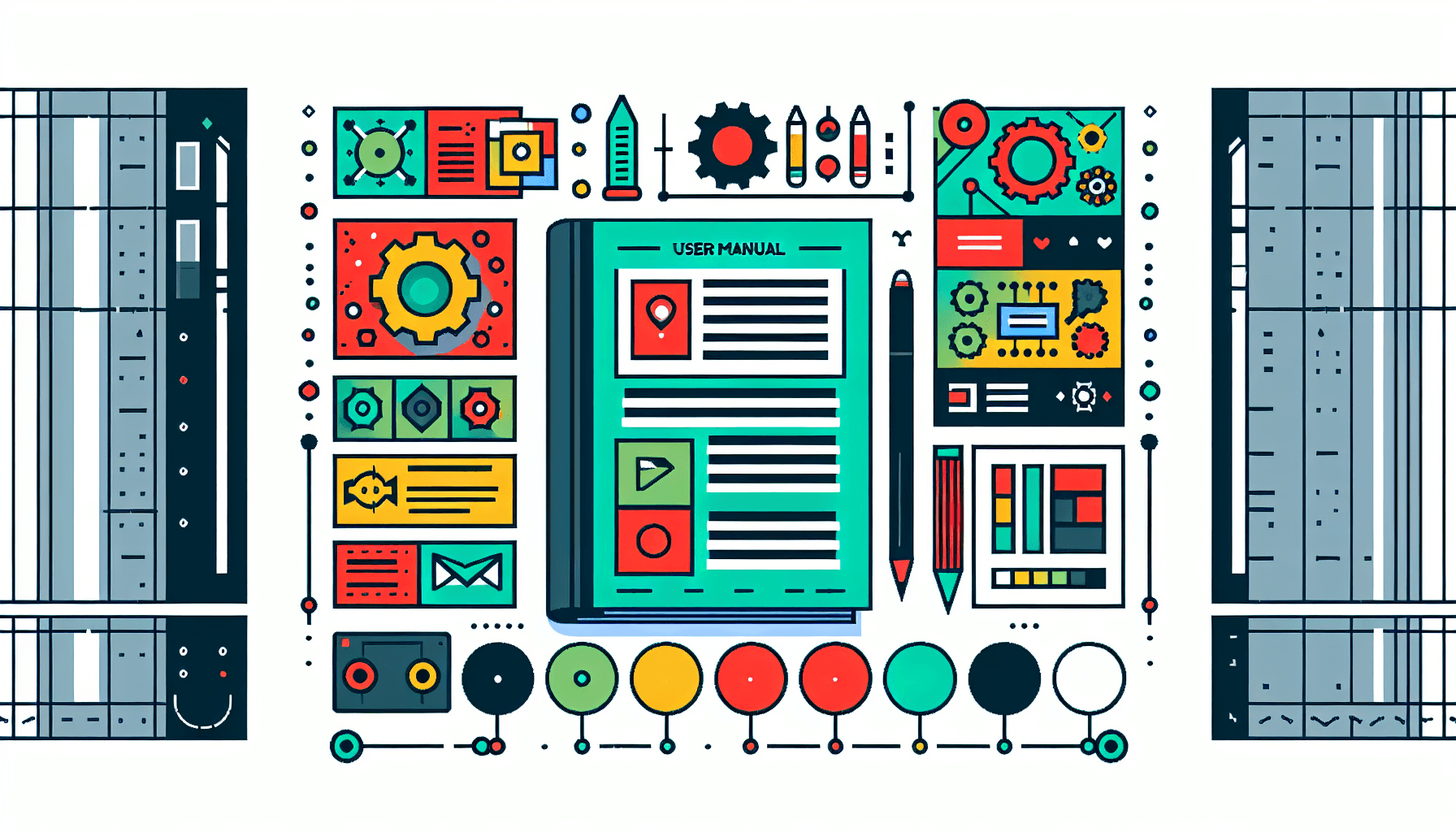 Manual in flat illustration style and white background, red #f47574, green #88c7a8, yellow #fcc44b, and blue #645bc8 colors.
