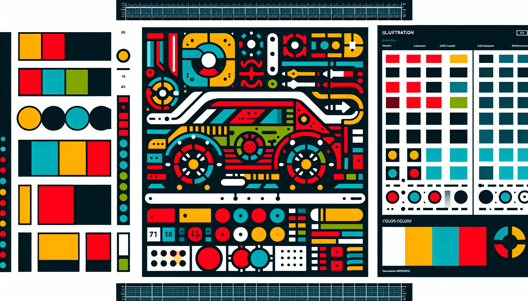 Blueprint in flat illustration style and white background, red #f47574, green #88c7a8, yellow #fcc44b, and blue #645bc8 colors.