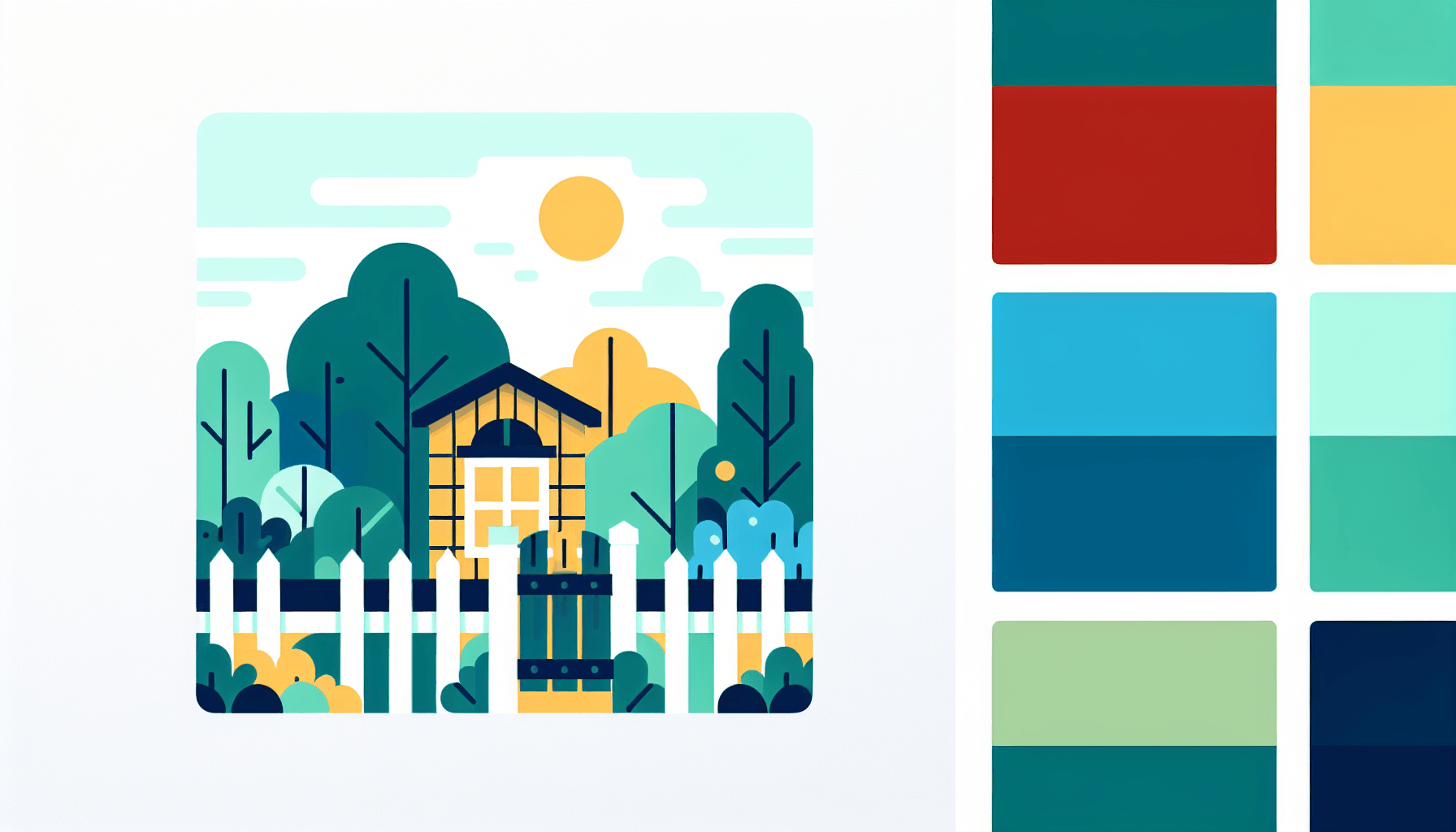 Fence in flat illustration style and white background, red #f47574, green #88c7a8, yellow #fcc44b, and blue #645bc8 colors.