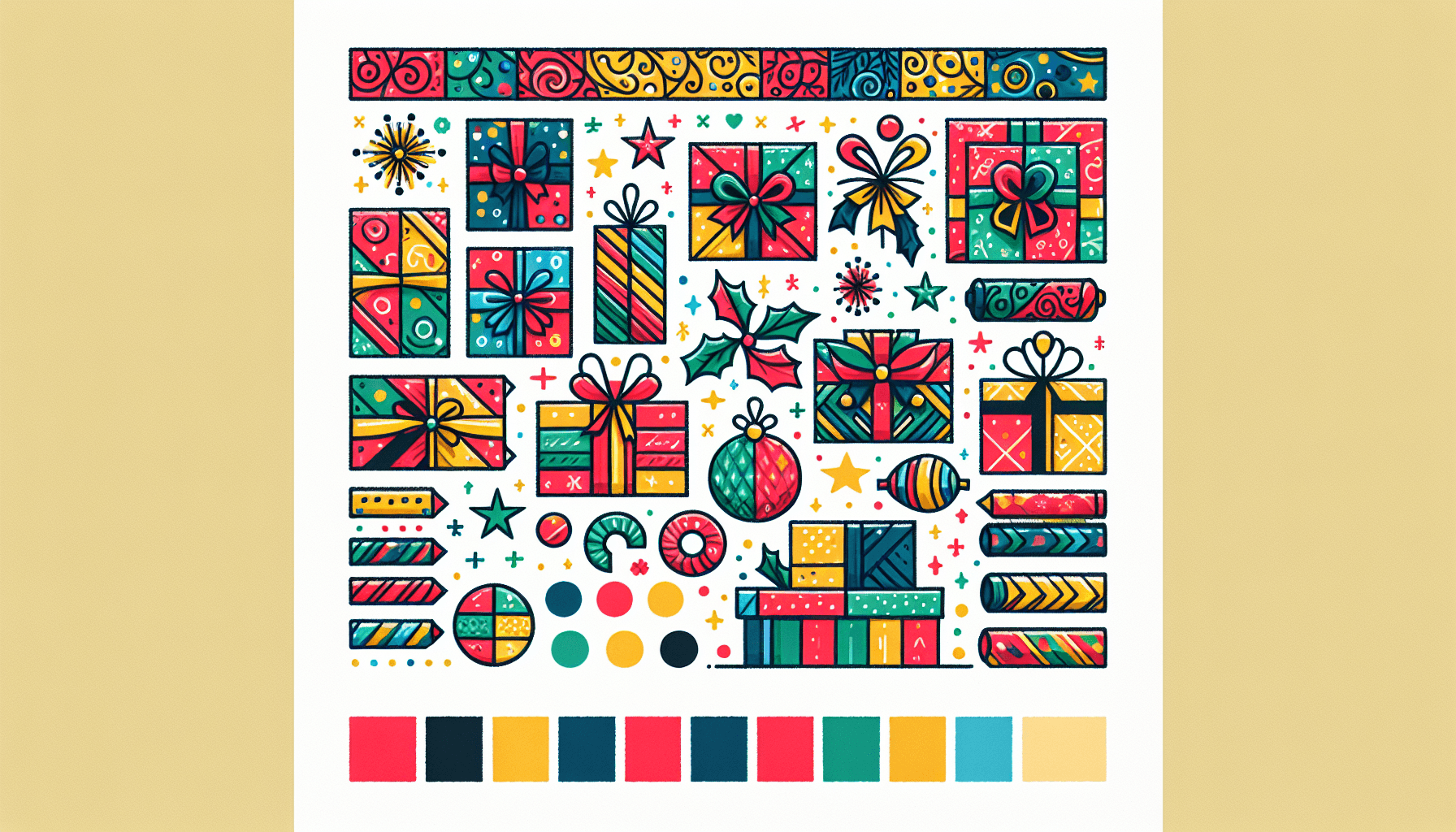 Gift wrap in flat illustration style and white background, red #f47574, green #88c7a8, yellow #fcc44b, and blue #645bc8 colors.