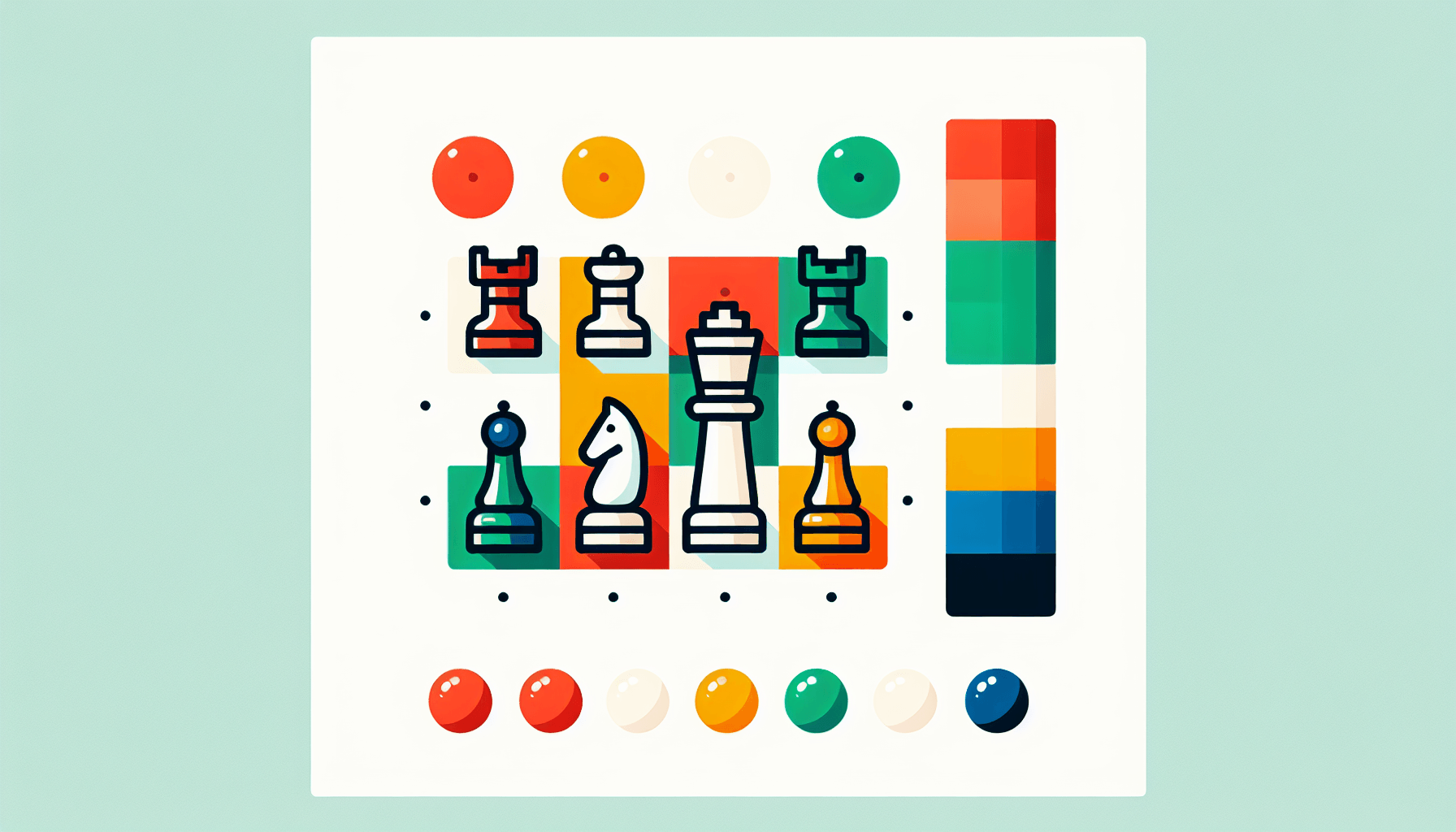 Chessboard in flat illustration style and white background, red #f47574, green #88c7a8, yellow #fcc44b, and blue #645bc8 colors.