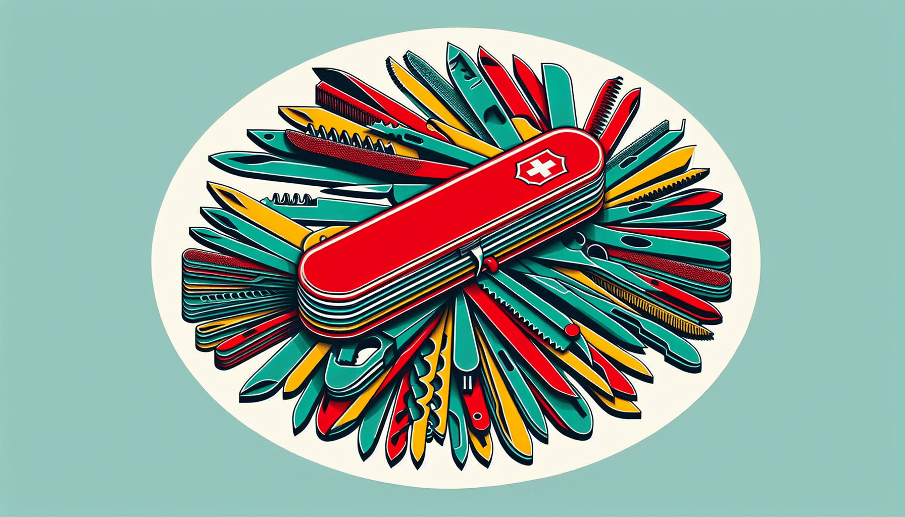Swiss Army knife in flat illustration style and white background, red #f47574, green #88c7a8, yellow #fcc44b, and blue #645bc8 colors.