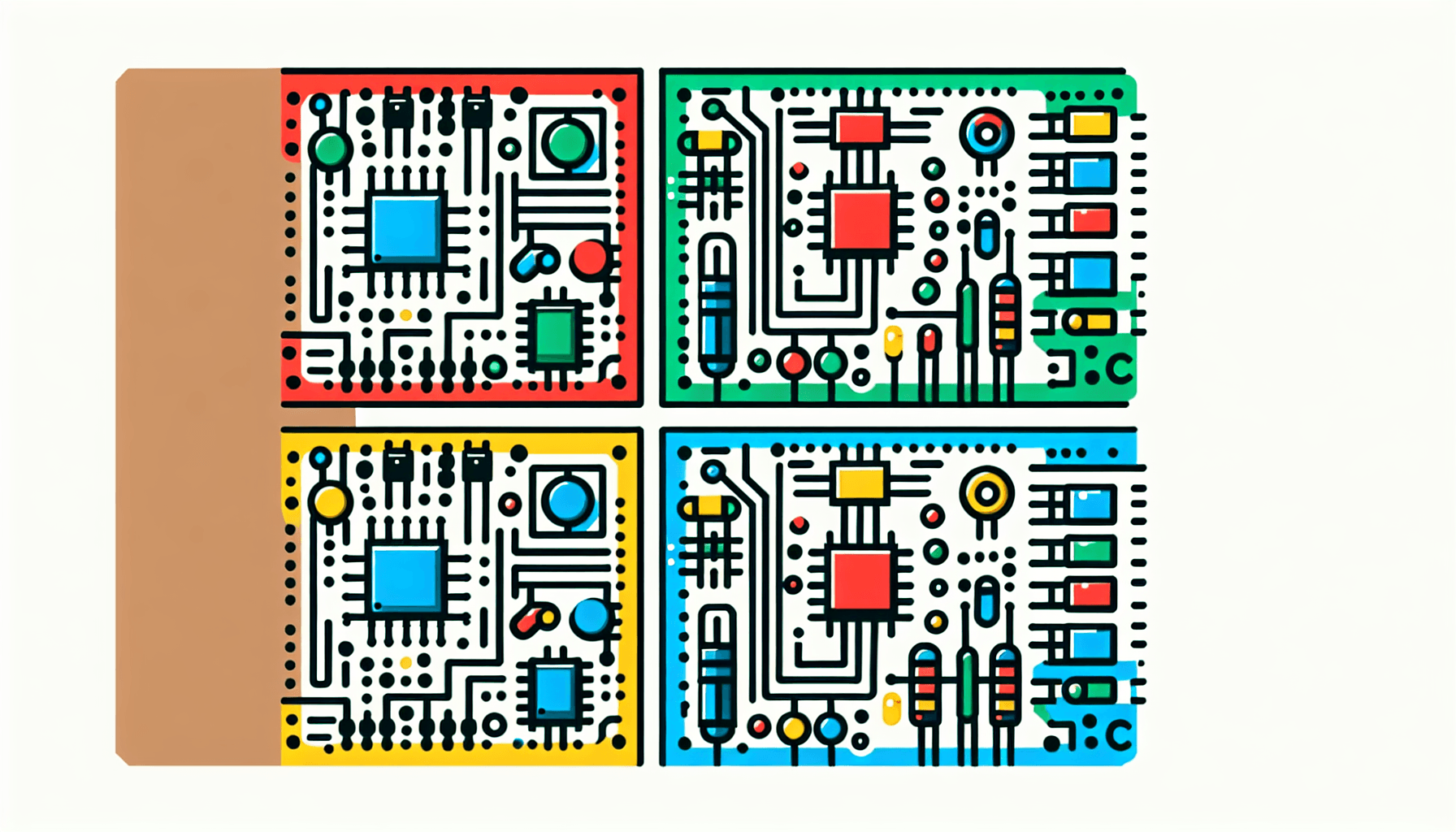 Circuit board in flat illustration style and white background, red #f47574, green #88c7a8, yellow #fcc44b, and blue #645bc8 colors.