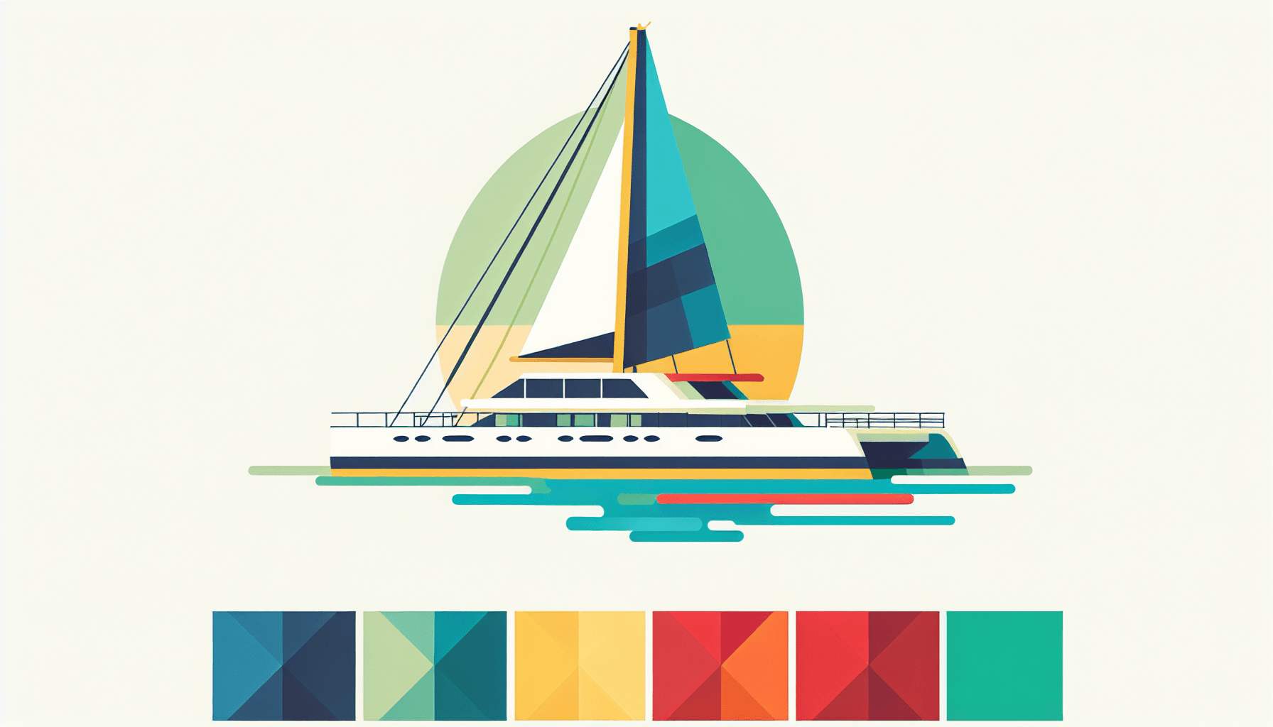 Catamaran in flat illustration style and white background, red #f47574, green #88c7a8, yellow #fcc44b, and blue #645bc8 colors.