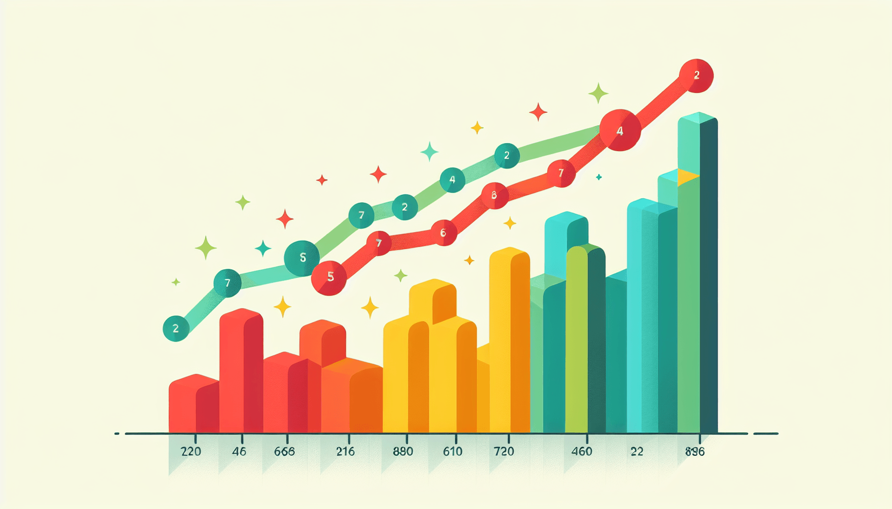 Growth chart in flat illustration style and white background, red #f47574, green #88c7a8, yellow #fcc44b, and blue #645bc8 colors.