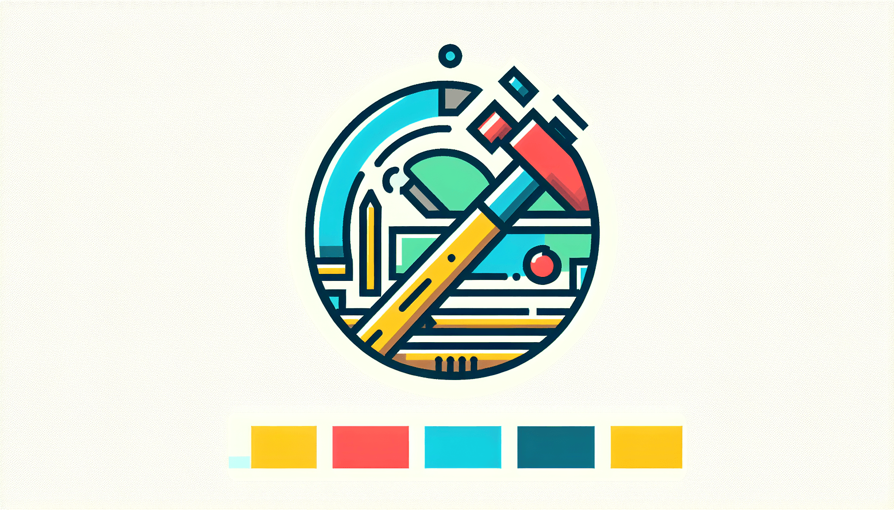 Hammer in flat illustration style and white background, red #f47574, green #88c7a8, yellow #fcc44b, and blue #645bc8 colors.