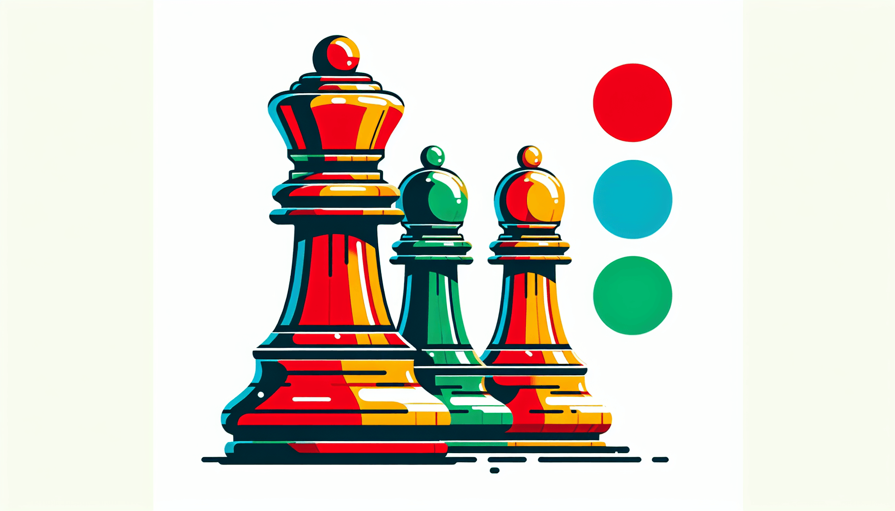 Chess piece in flat illustration style and white background, red #f47574, green #88c7a8, yellow #fcc44b, and blue #645bc8 colors.